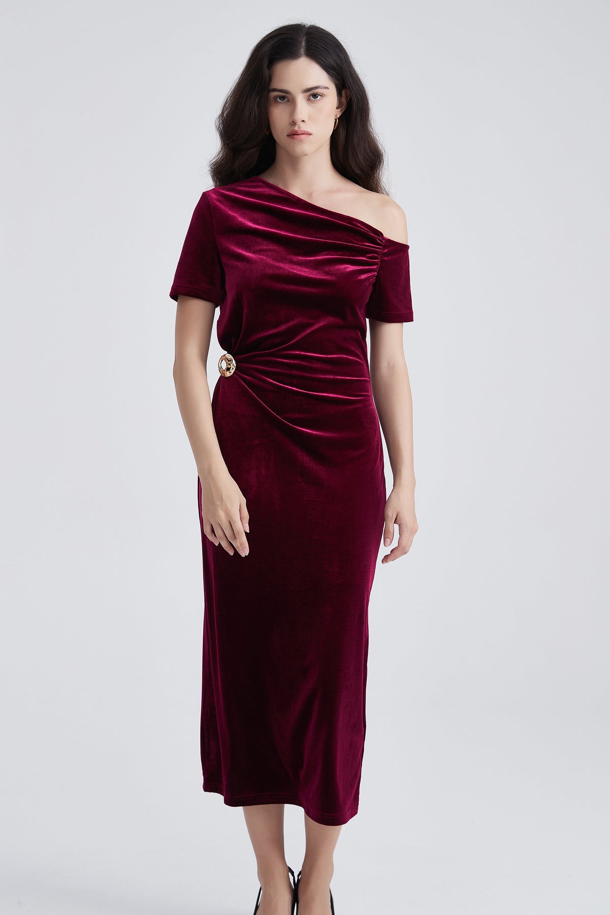 Off-Shoulder Midi Dress with Side Gathering