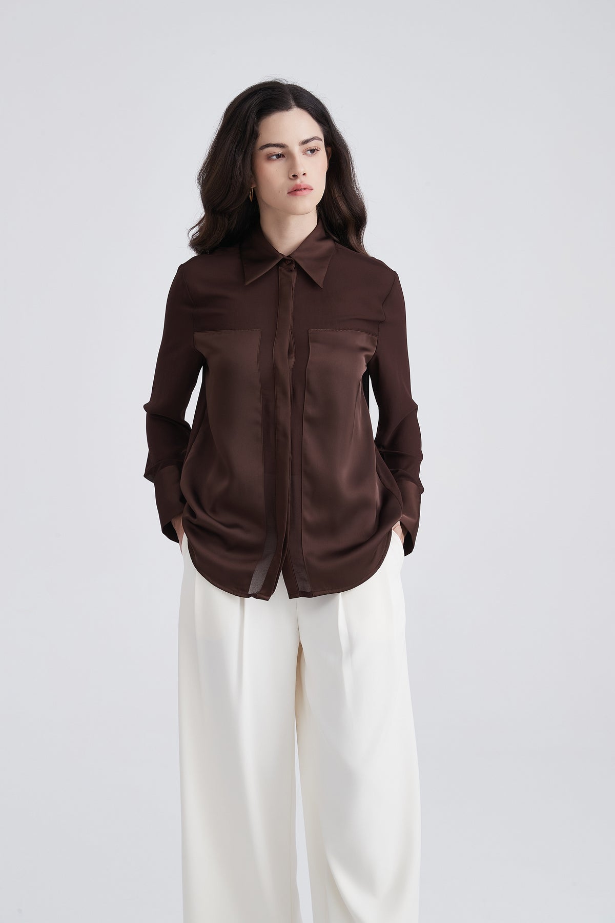 Button-Up Shirt with Draped Front Hem