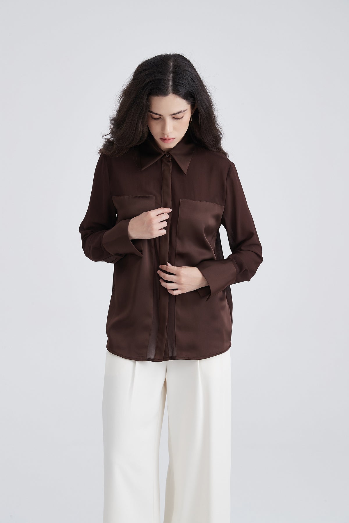 Button-Up Shirt with Draped Front Hem