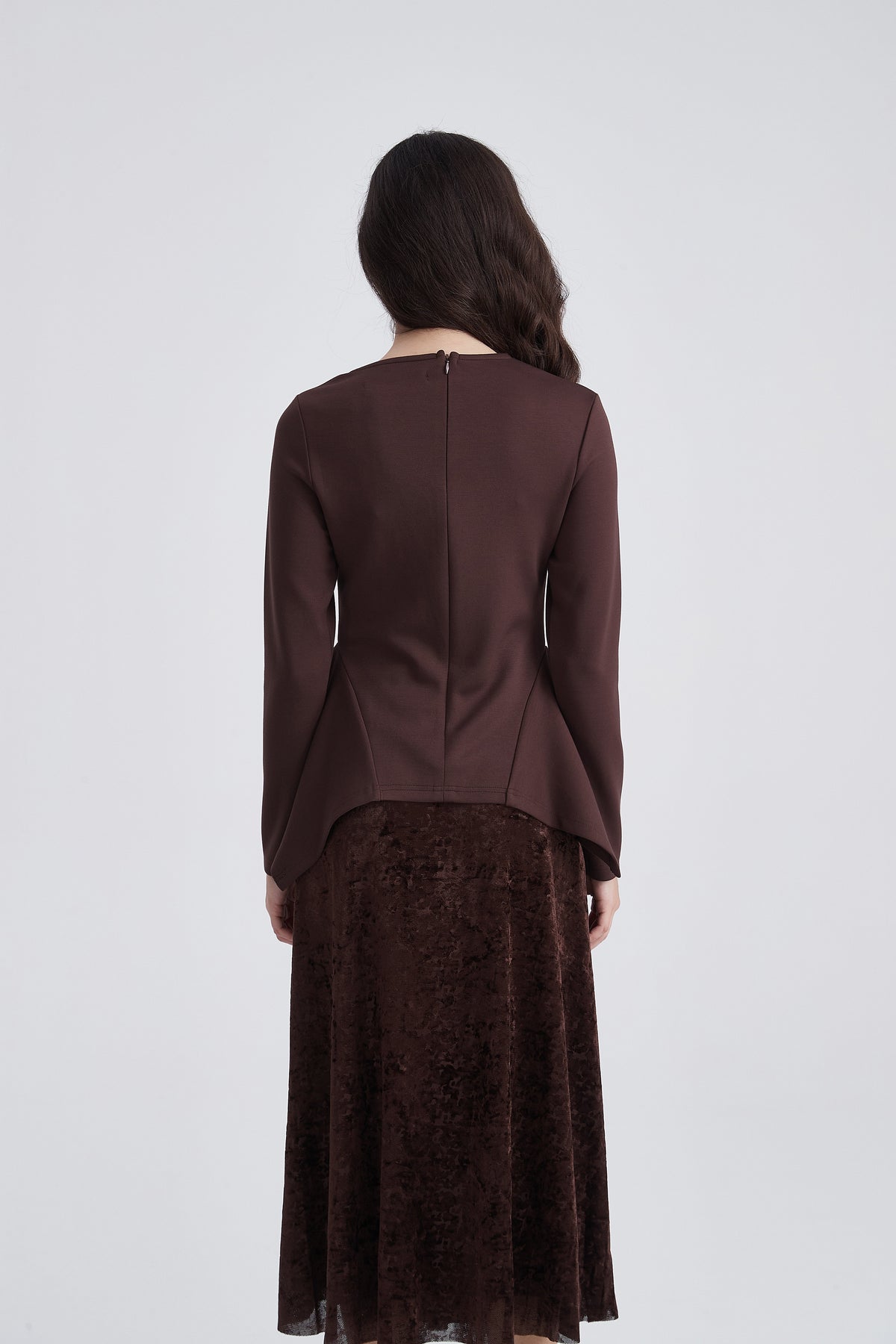 Long-Sleeve Top with Round Neck and Peplum Hem