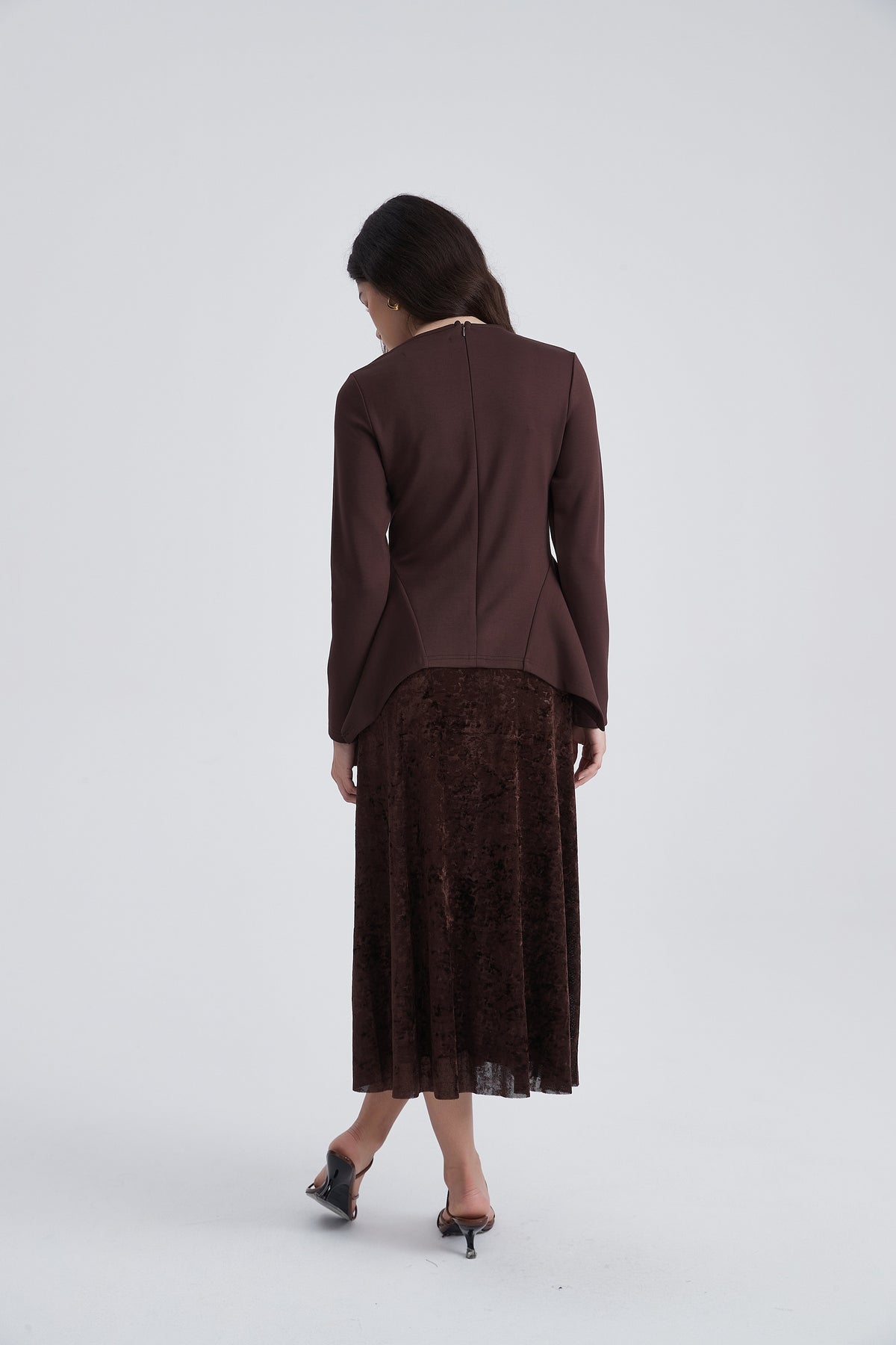 Long-Sleeve Top with Round Neck and Peplum Hem