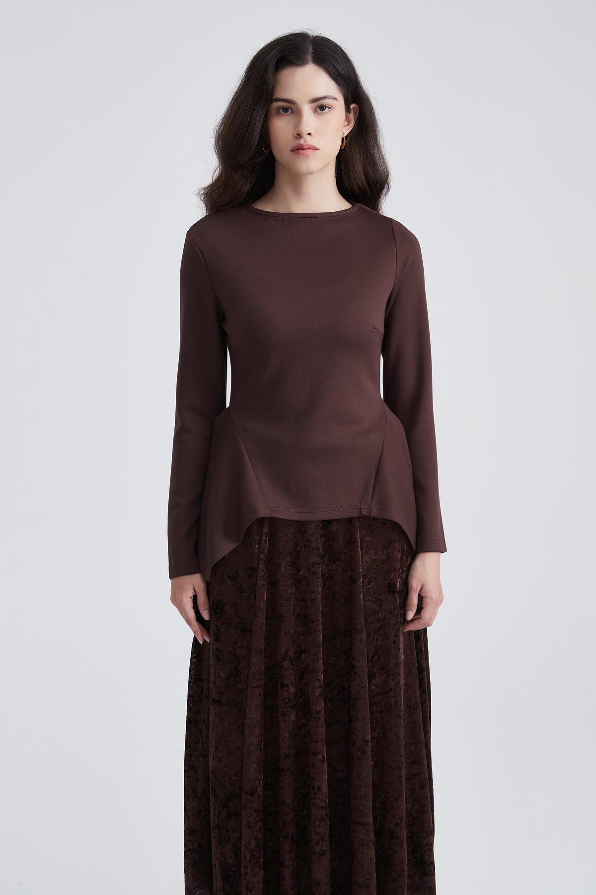 Long-Sleeve Top with Round Neck and Peplum Hem