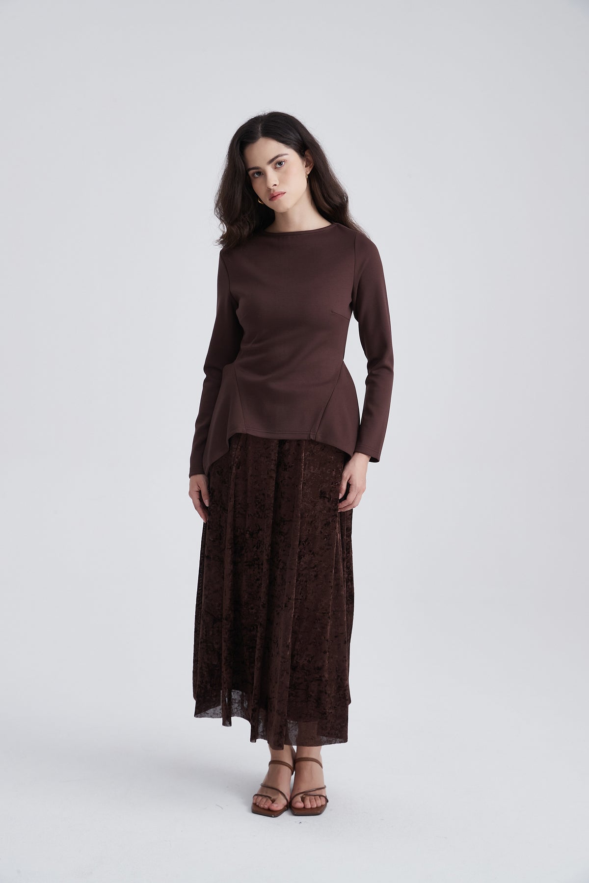 Long-Sleeve Top with Round Neck and Peplum Hem