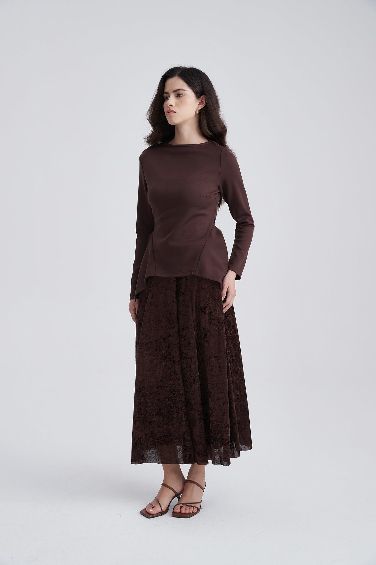 Long-Sleeve Top with Round Neck and Peplum Hem