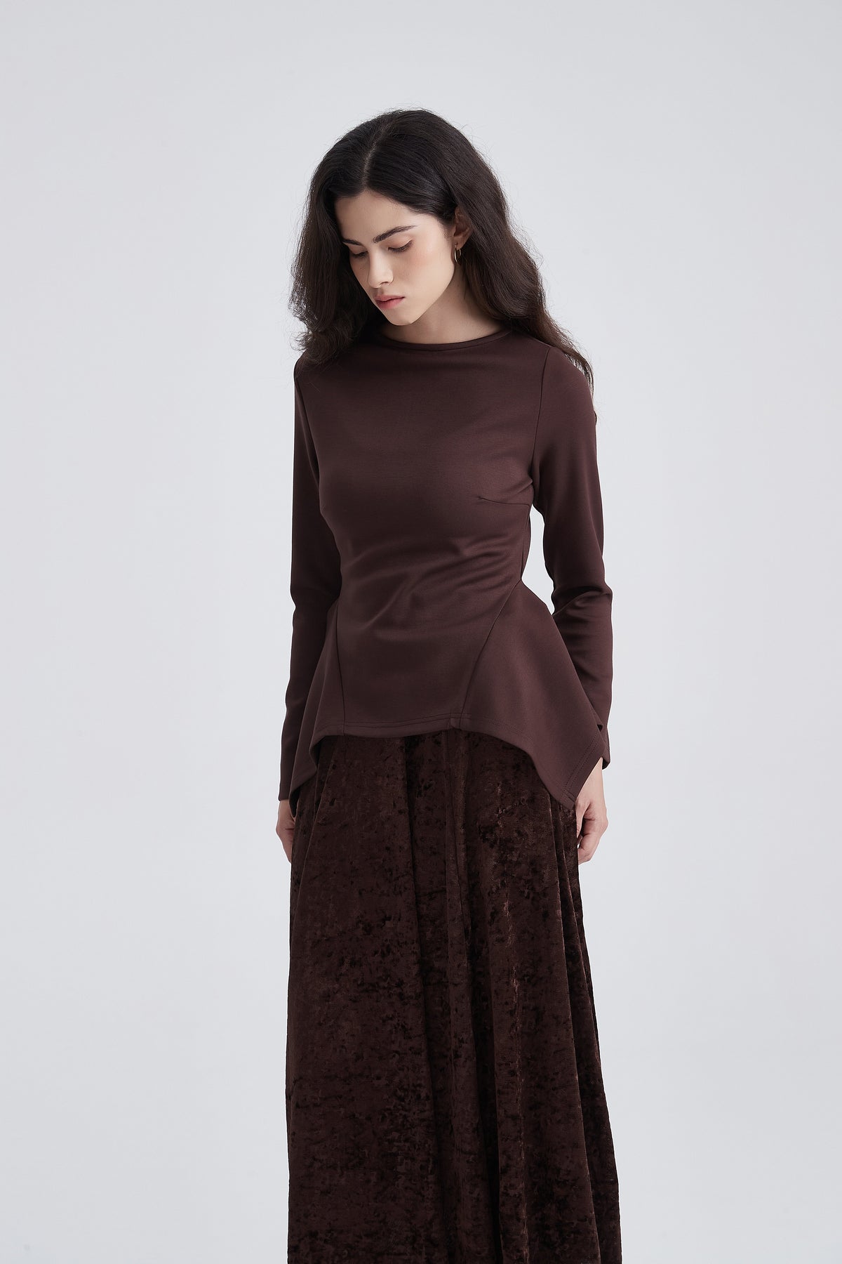 Long-Sleeve Top with Round Neck and Peplum Hem