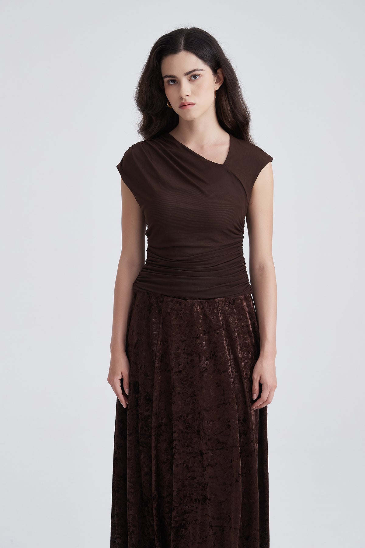 Asymmetrical-Neck Blouse with Side Ruffles