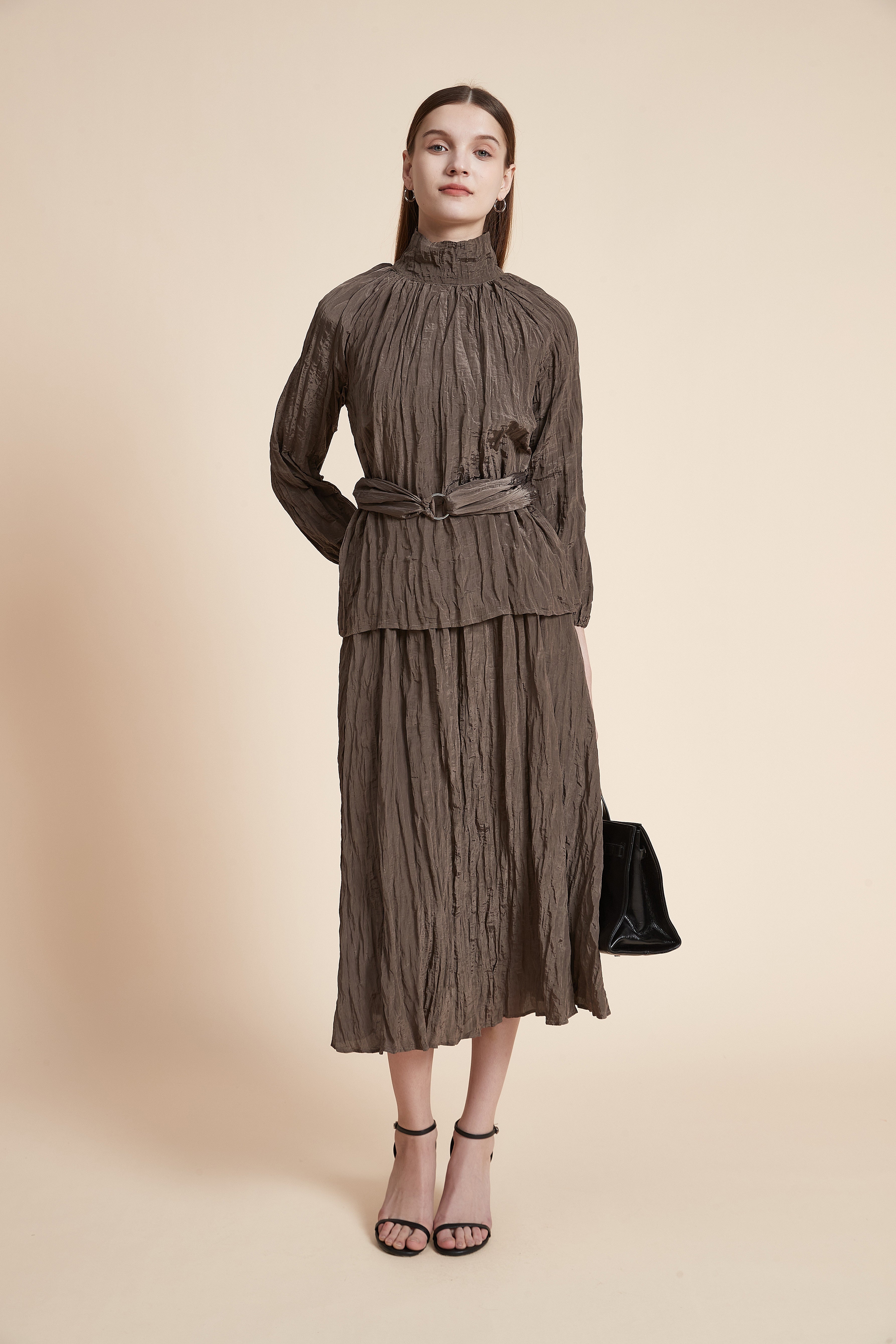 Solid High Neck Long Sleeve Blouse