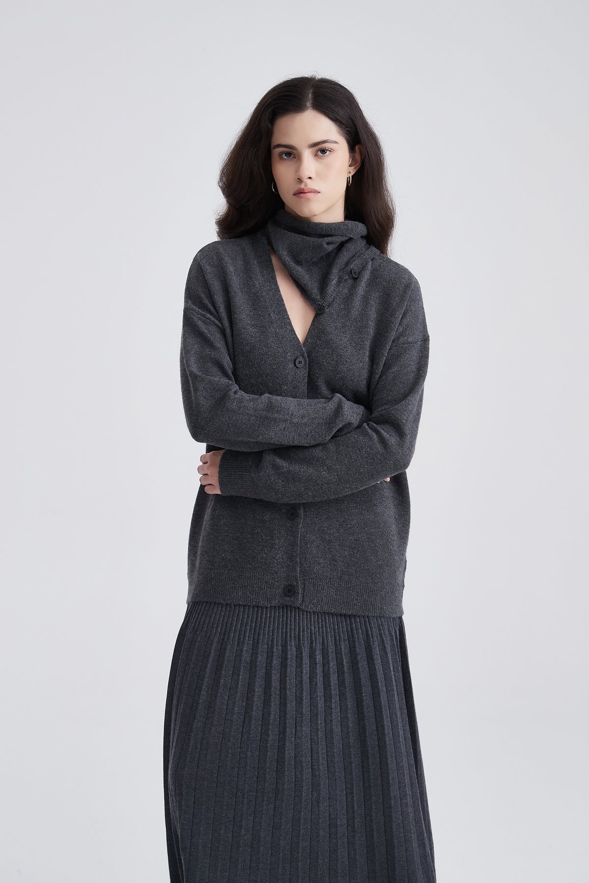 Button-Up Cardigan with V-Neck and Long Sleeves