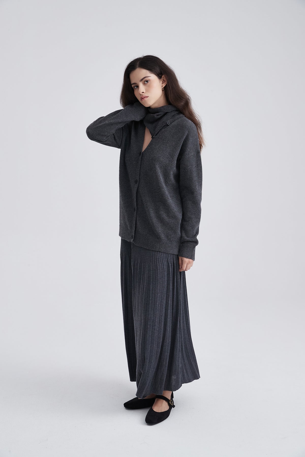 Button-Up Cardigan with V-Neck and Long Sleeves