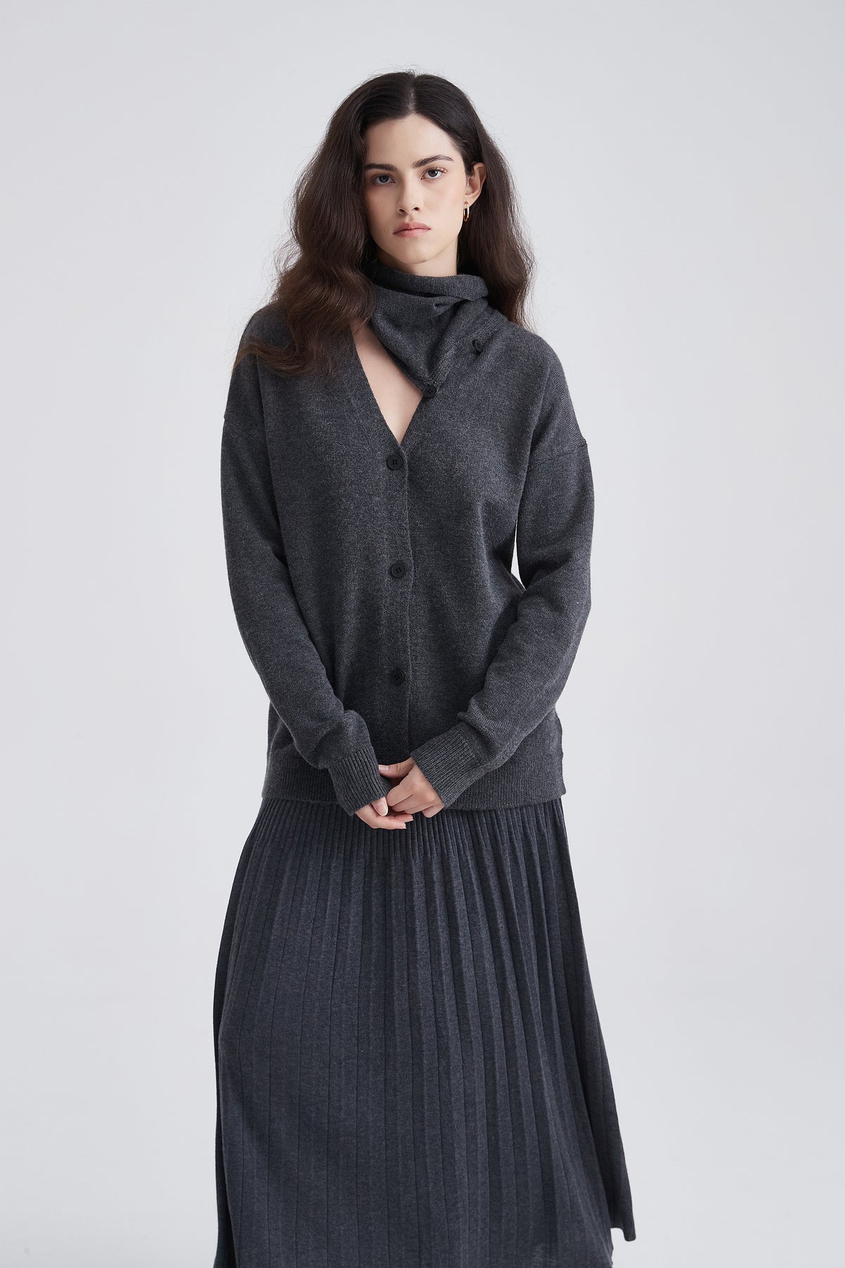 Button-Up Cardigan with V-Neck and Long Sleeves