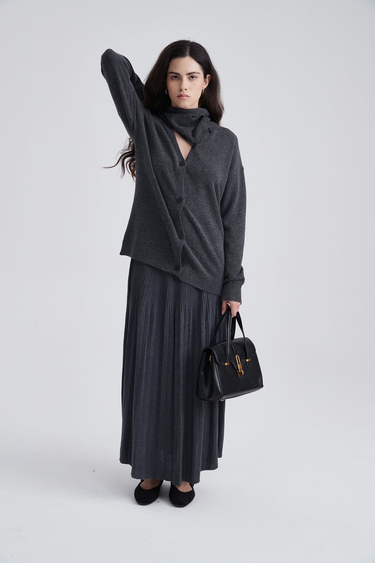 Button-Up Cardigan with V-Neck and Long Sleeves