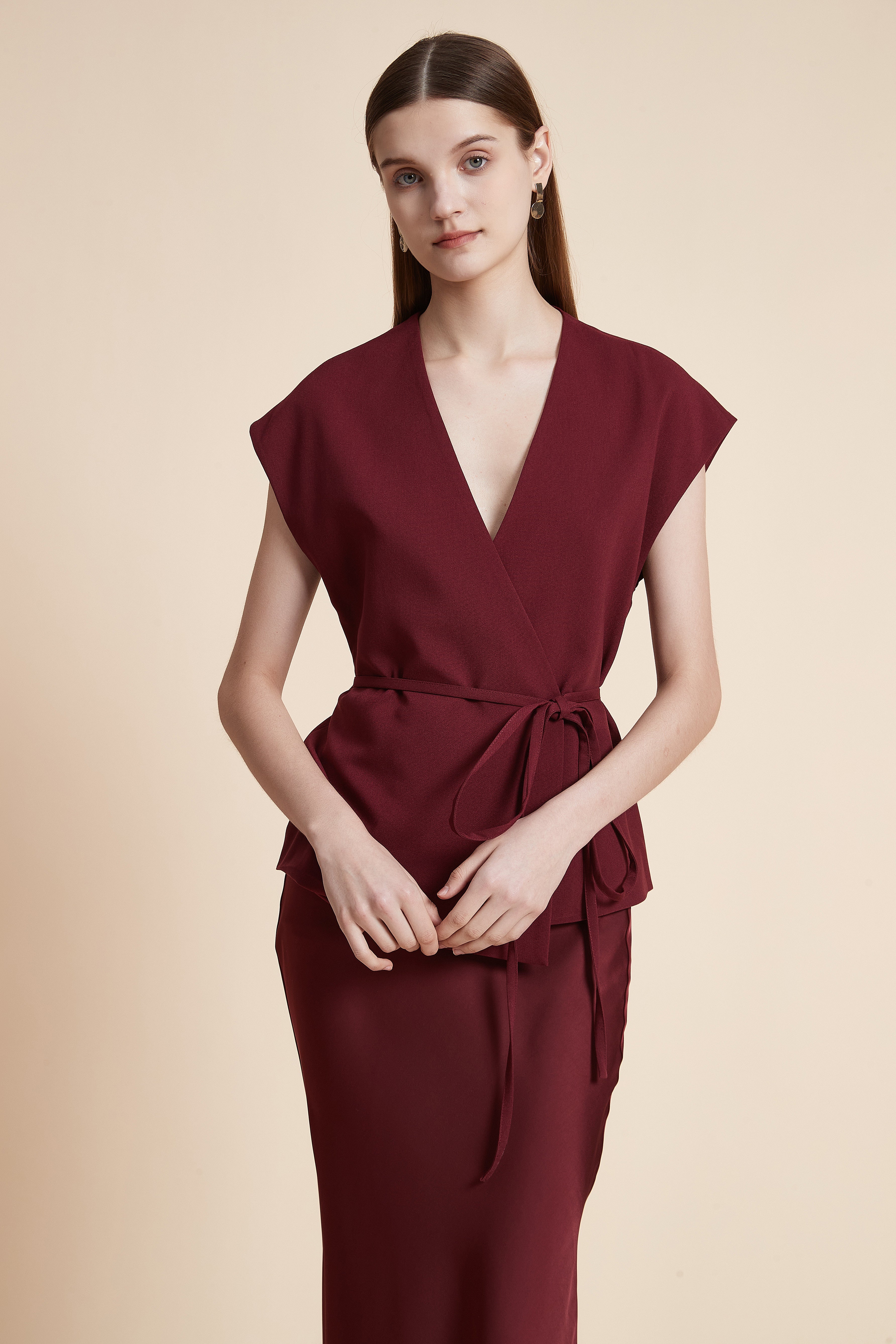 Sleeveless Solid Blouse with Waist Tie