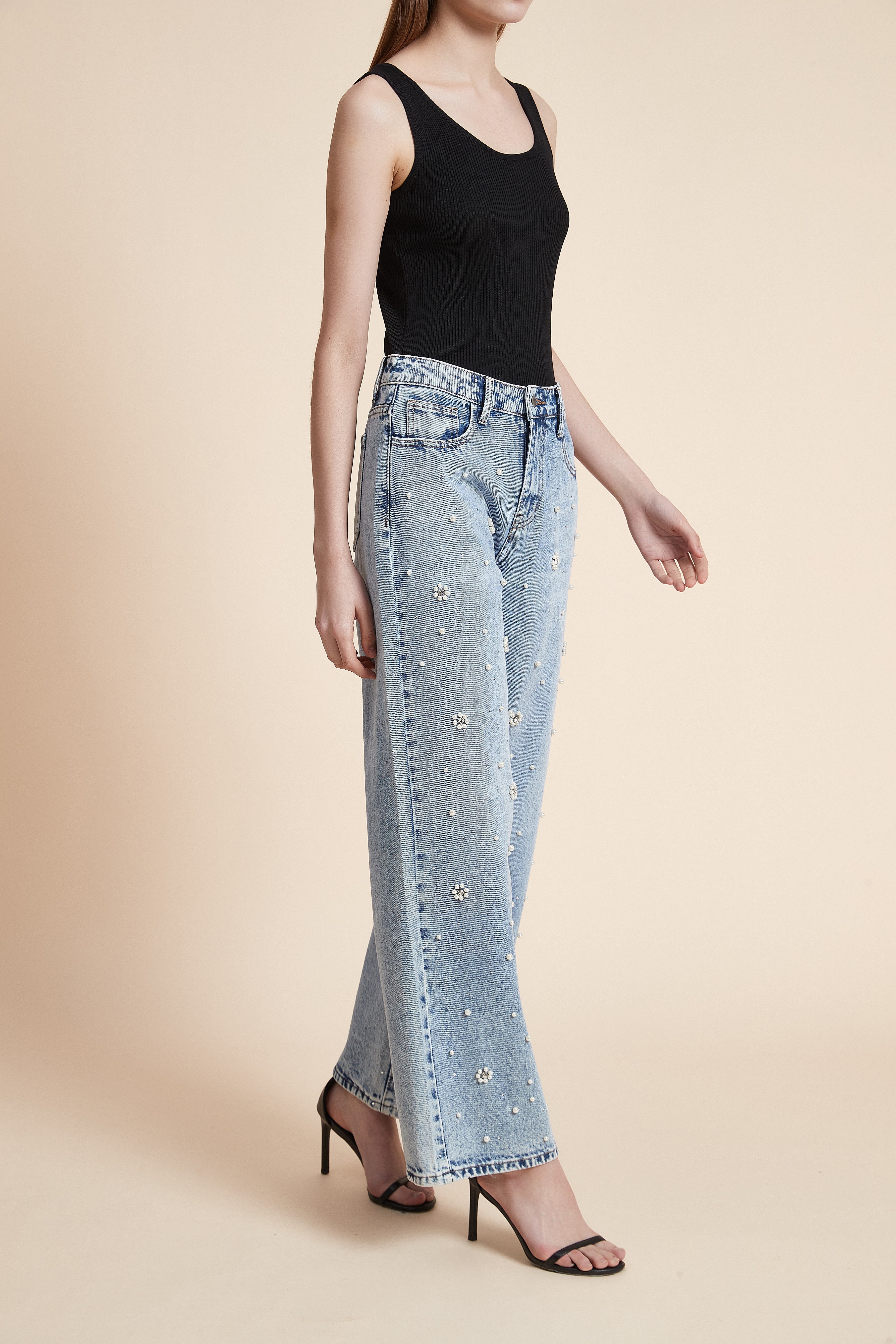 بنطلون طويل جينز مزين بلولي