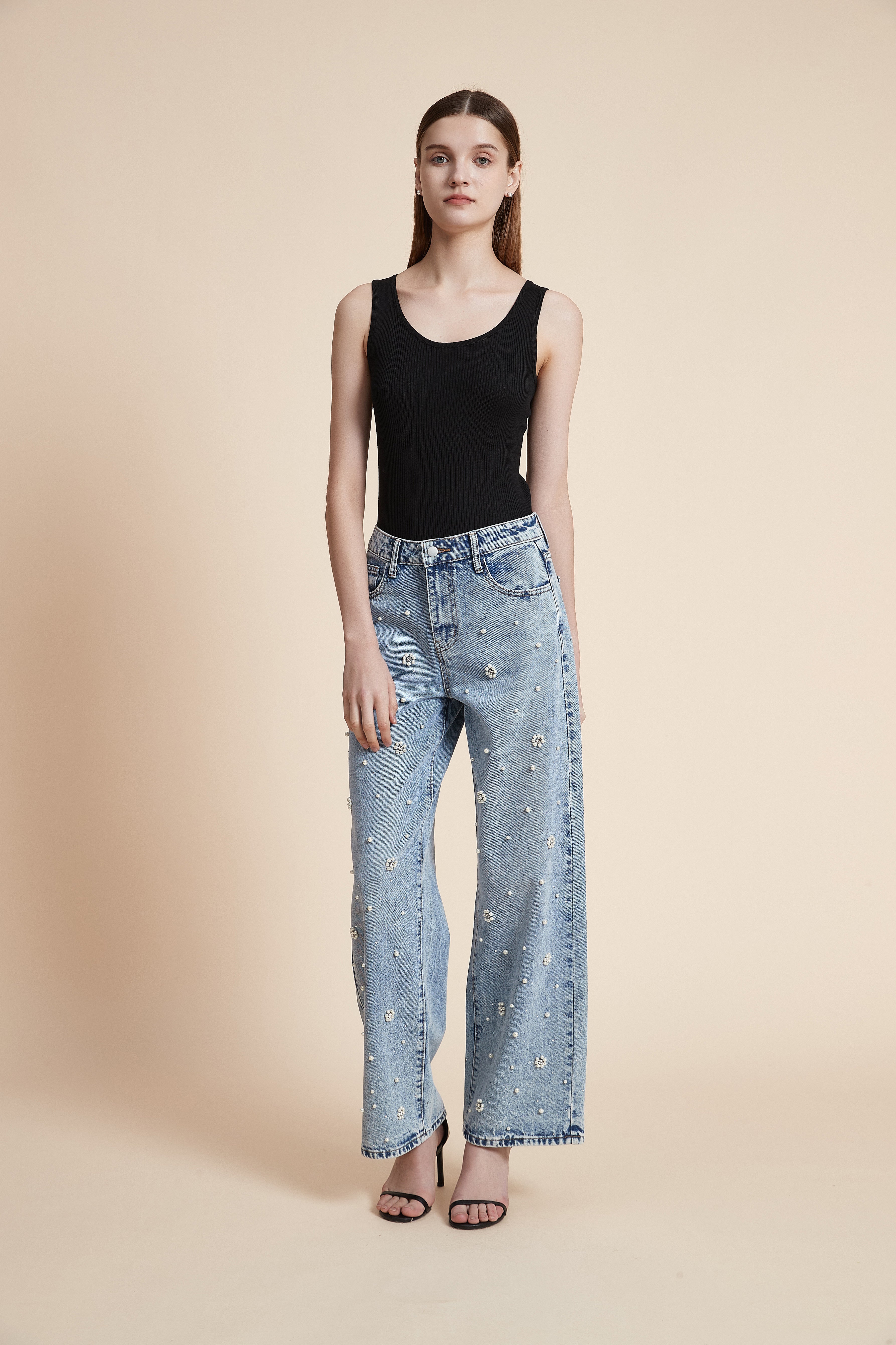 بنطلون طويل جينز مزين بلولي