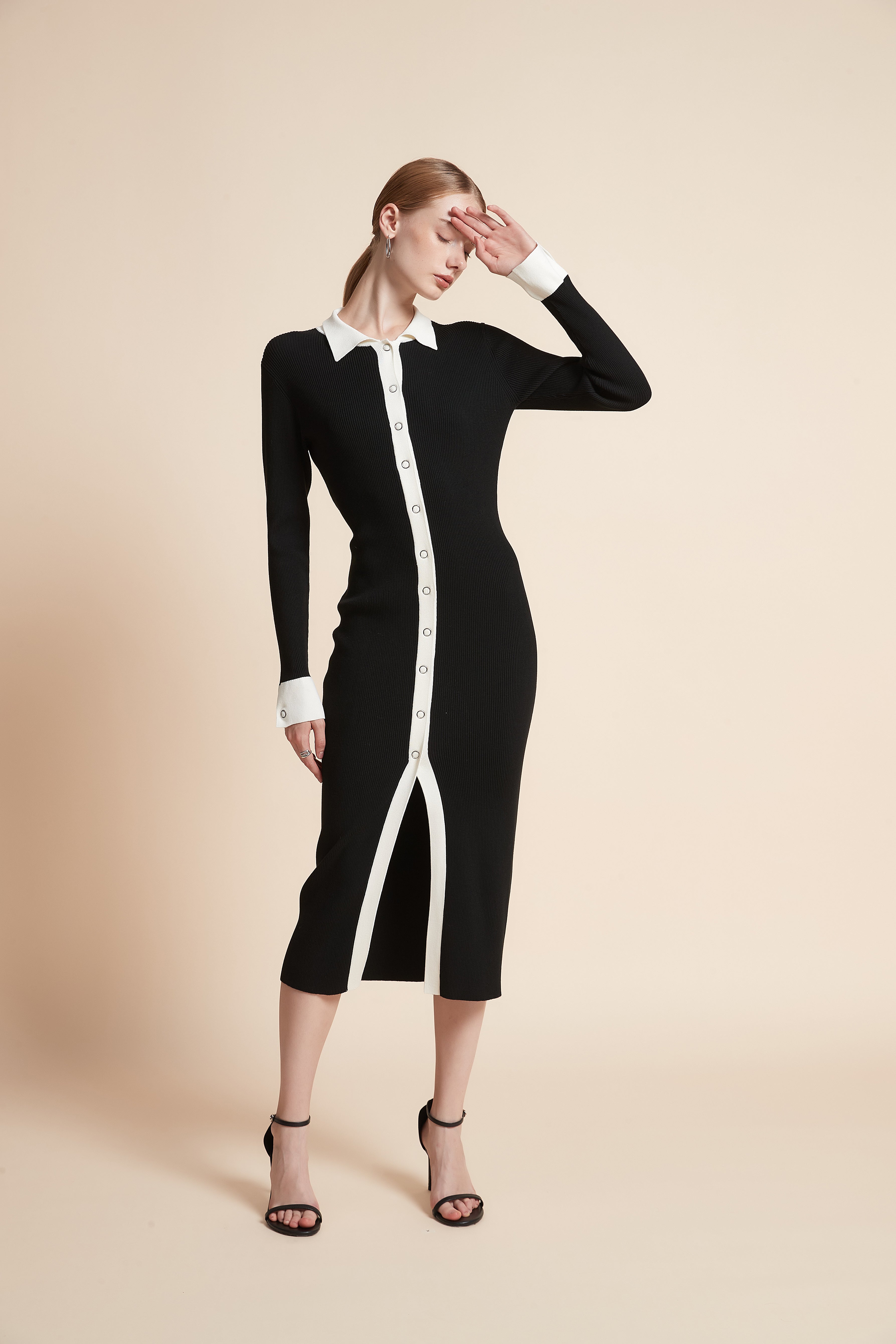 Midi Ribbed Front-Slit Dress