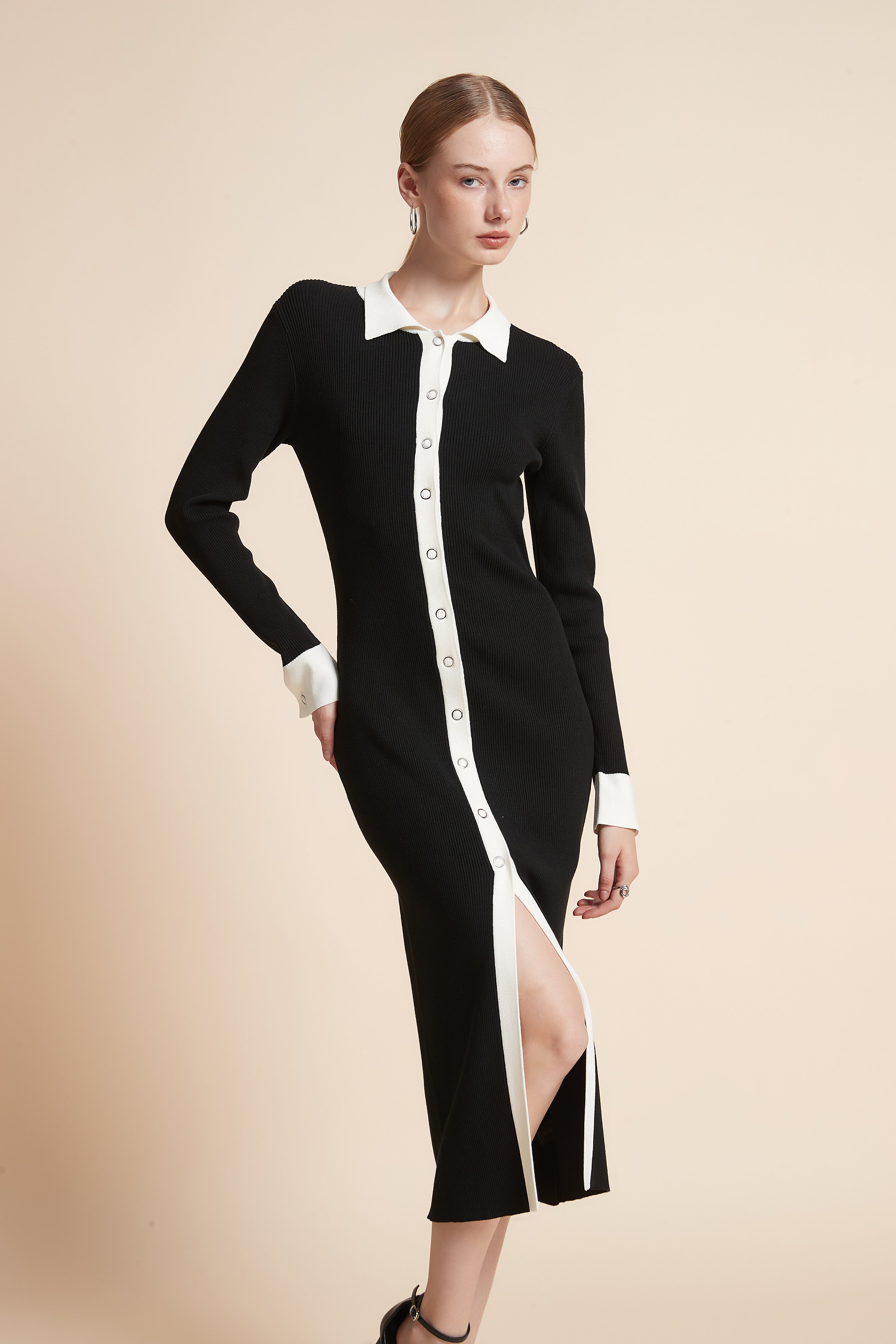 Midi Ribbed Front-Slit Dress