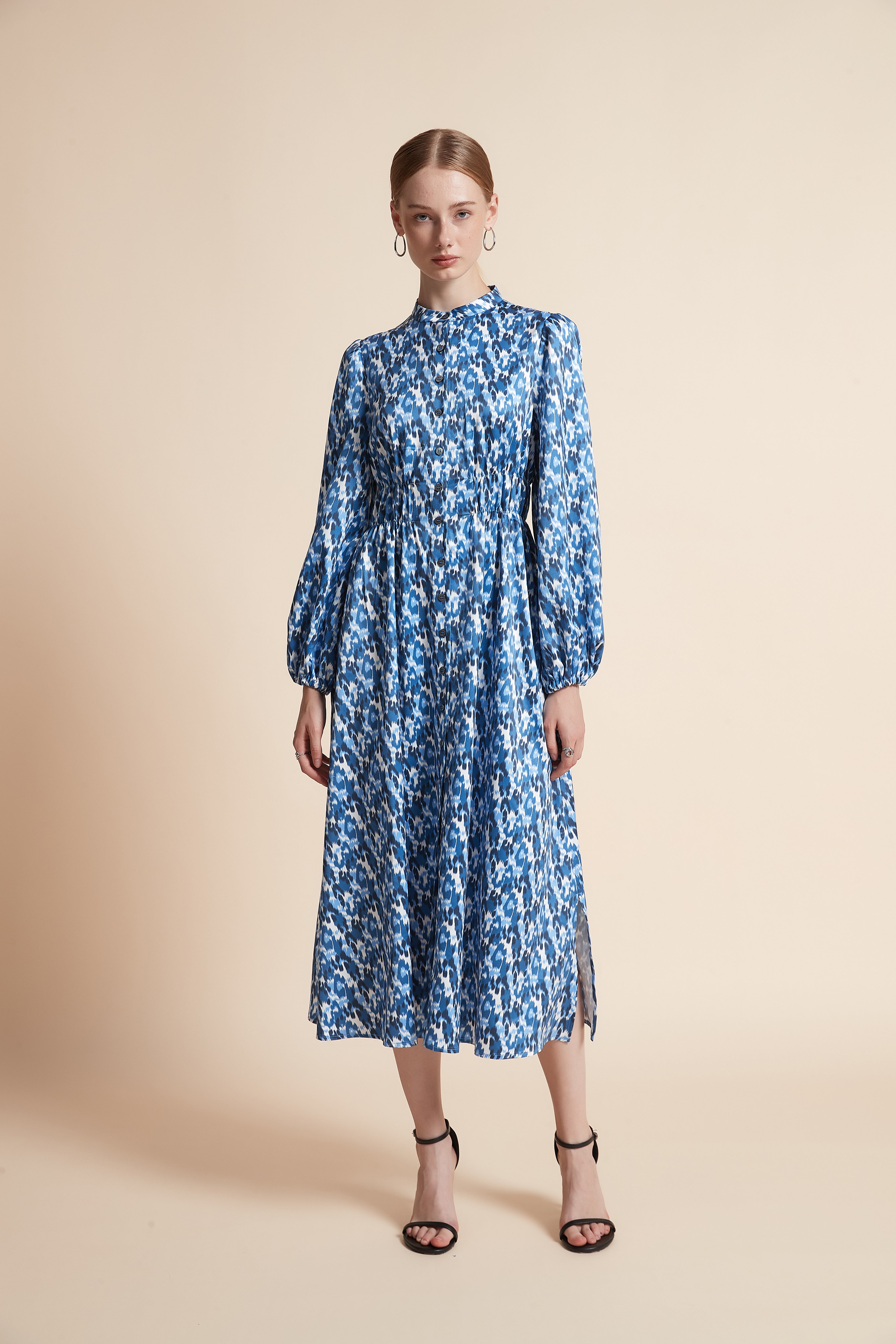 Patterned Long-Sleeved Midi Dress With Front Buttons