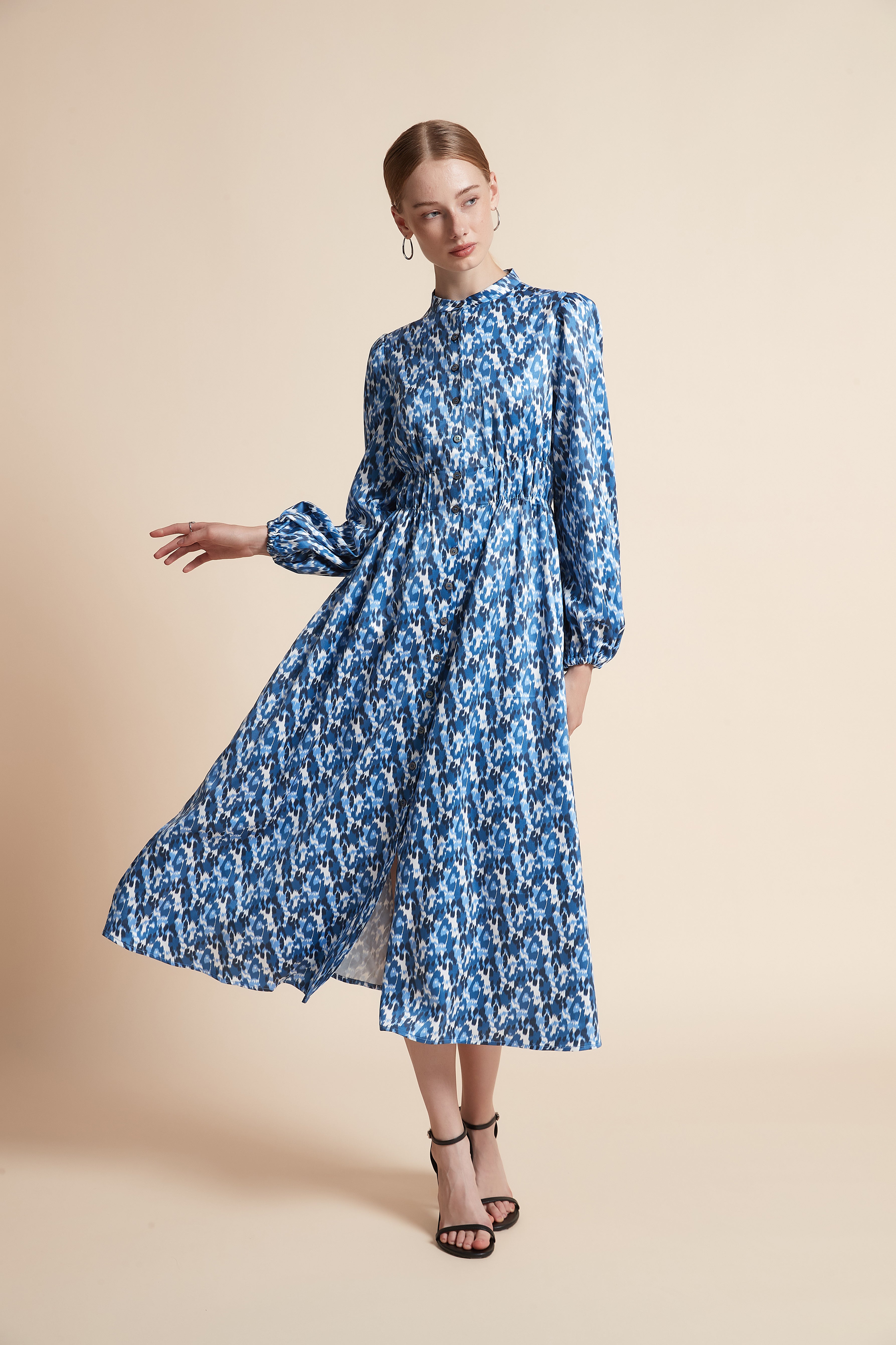 Patterned Long-Sleeved Midi Dress With Front Buttons