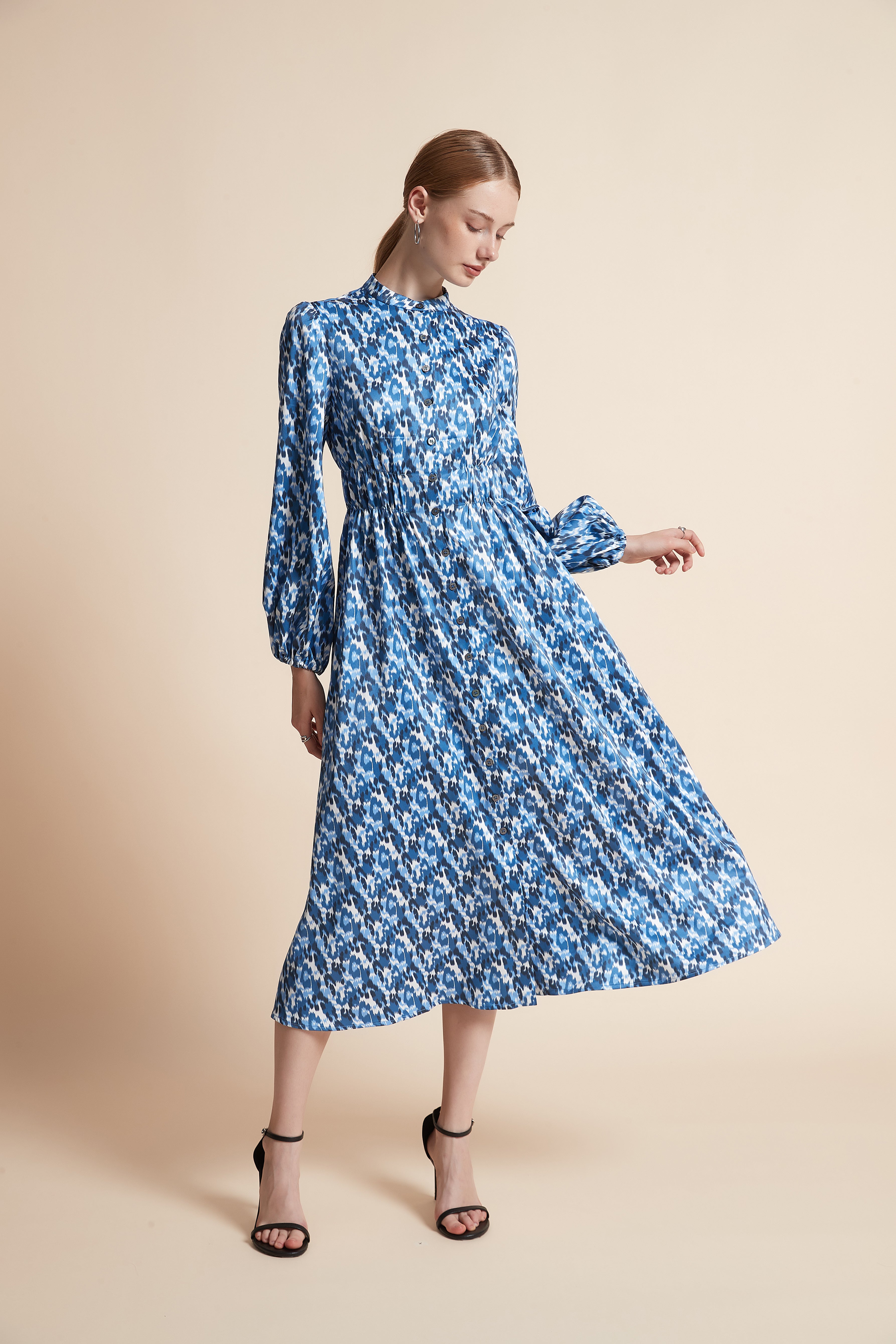 Patterned Long-Sleeved Midi Dress With Front Buttons