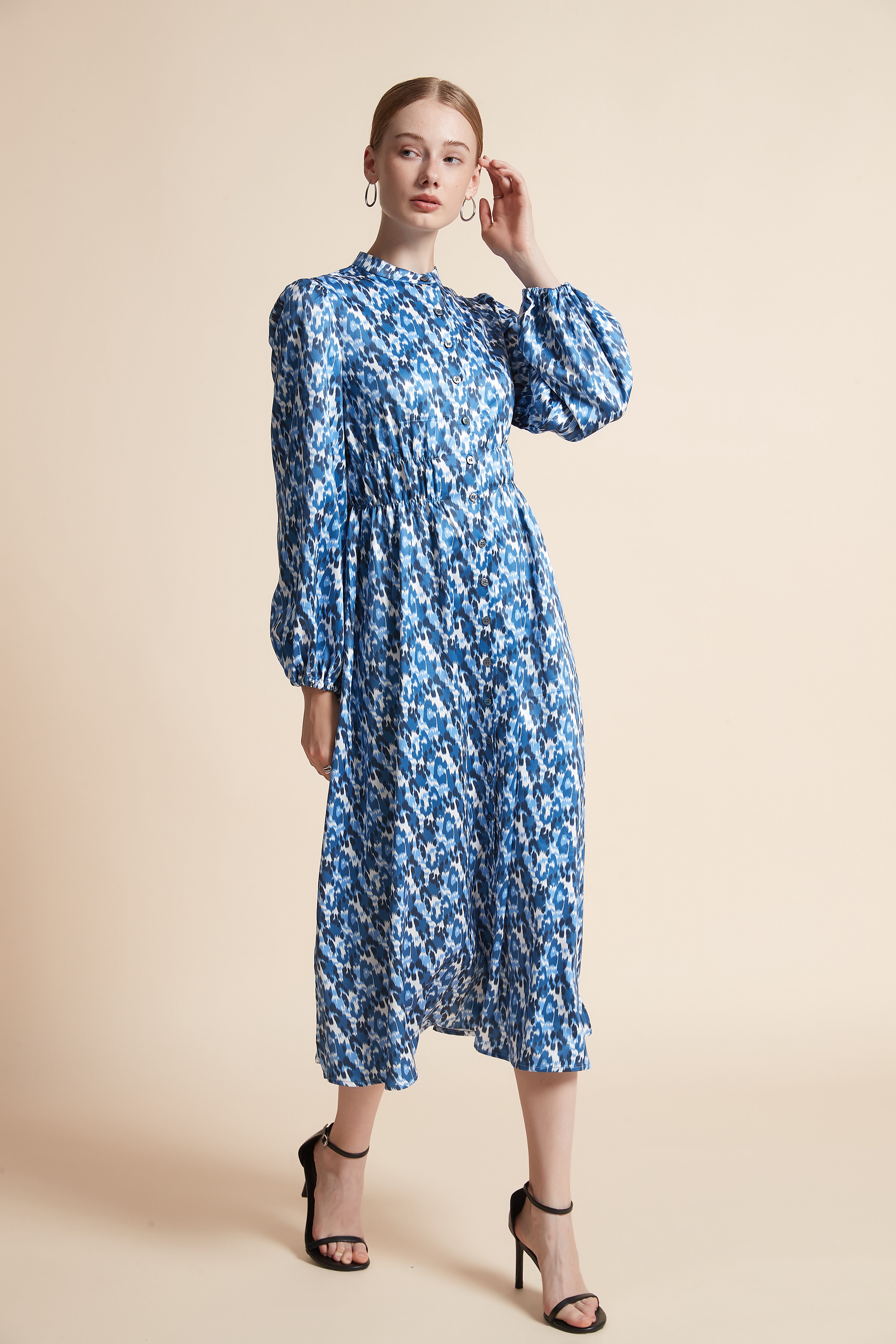 Patterned Long-Sleeved Midi Dress With Front Buttons