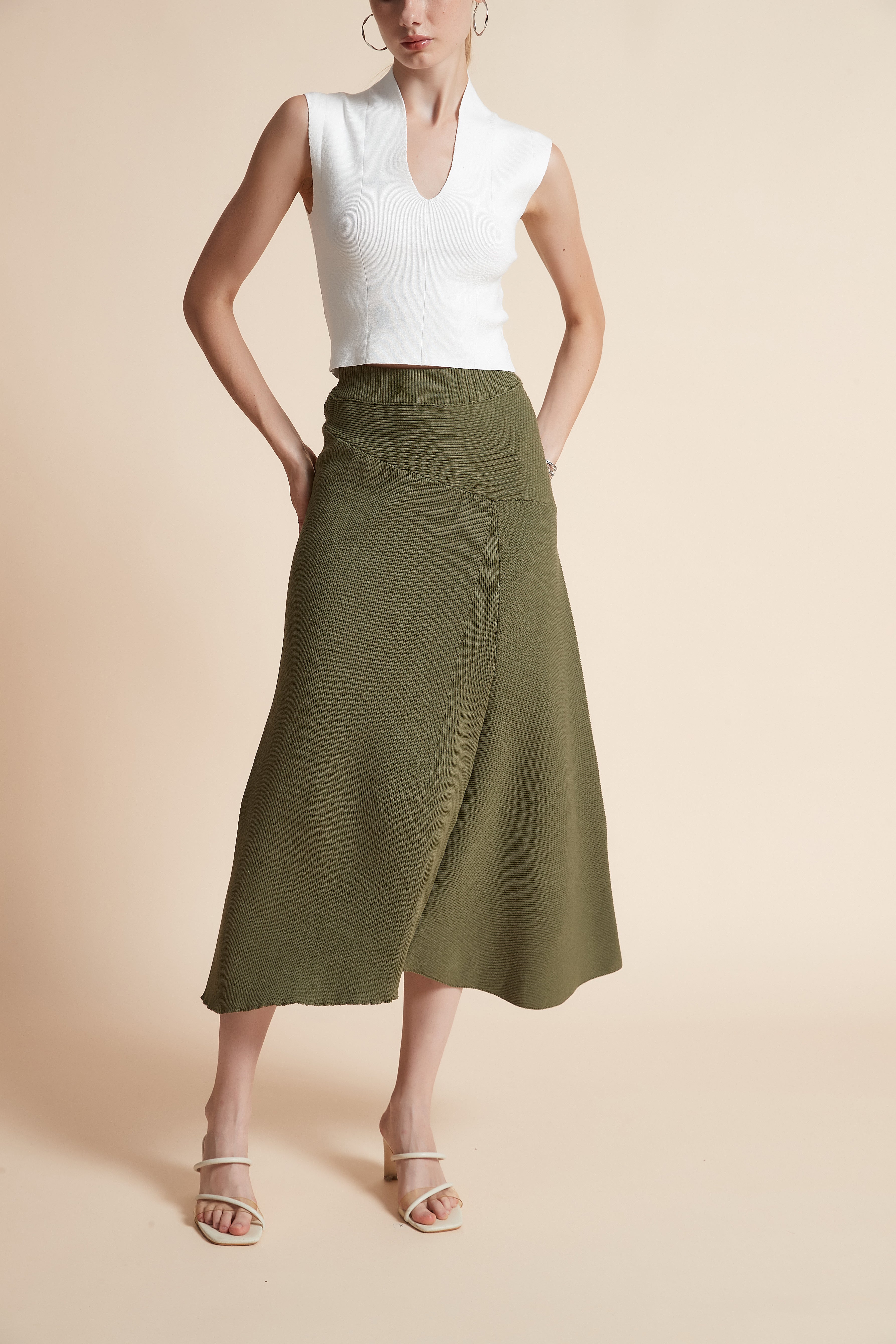 Solid Woven Midi Skirt
