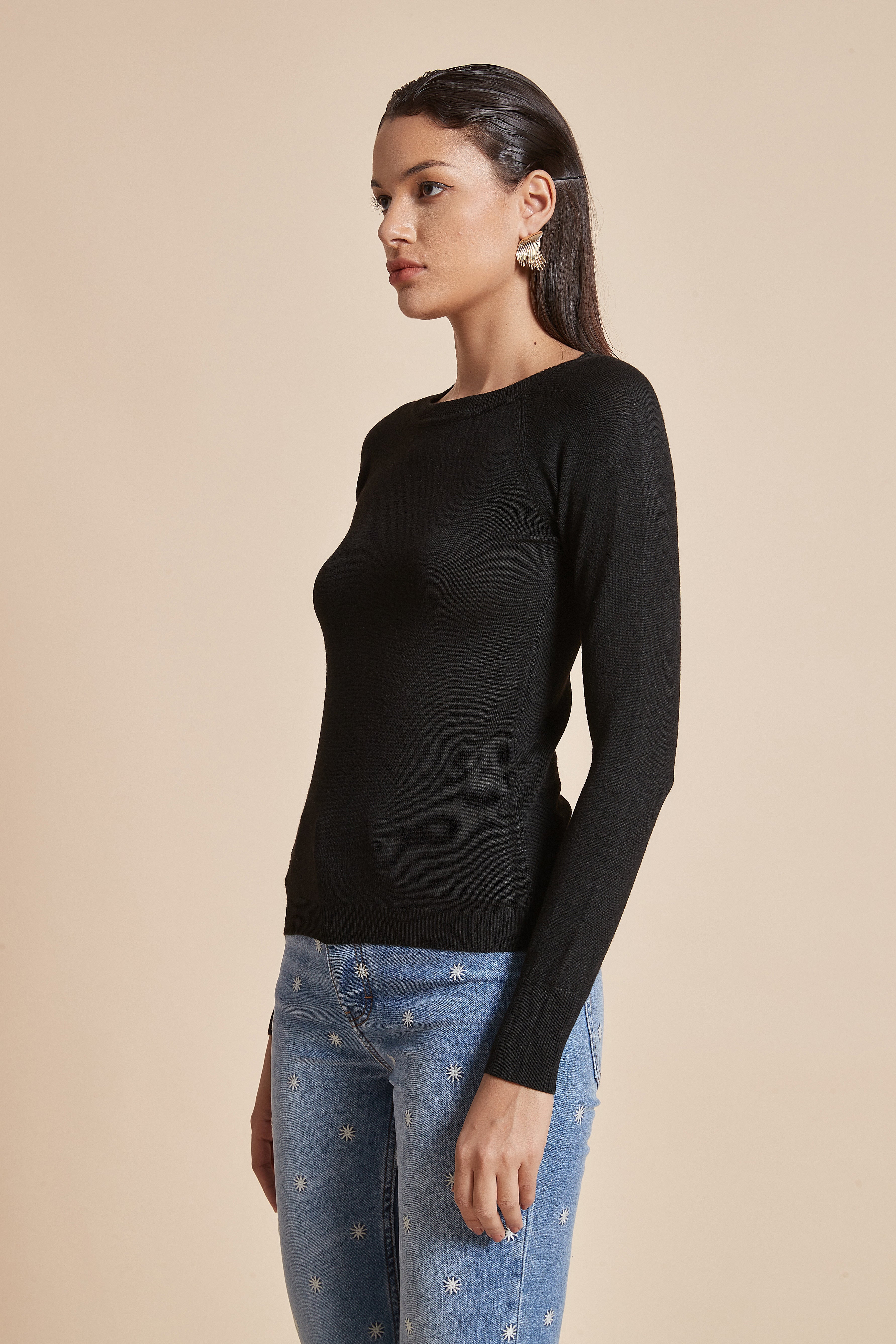 Fitted Plain Blouse with Long Sleeves