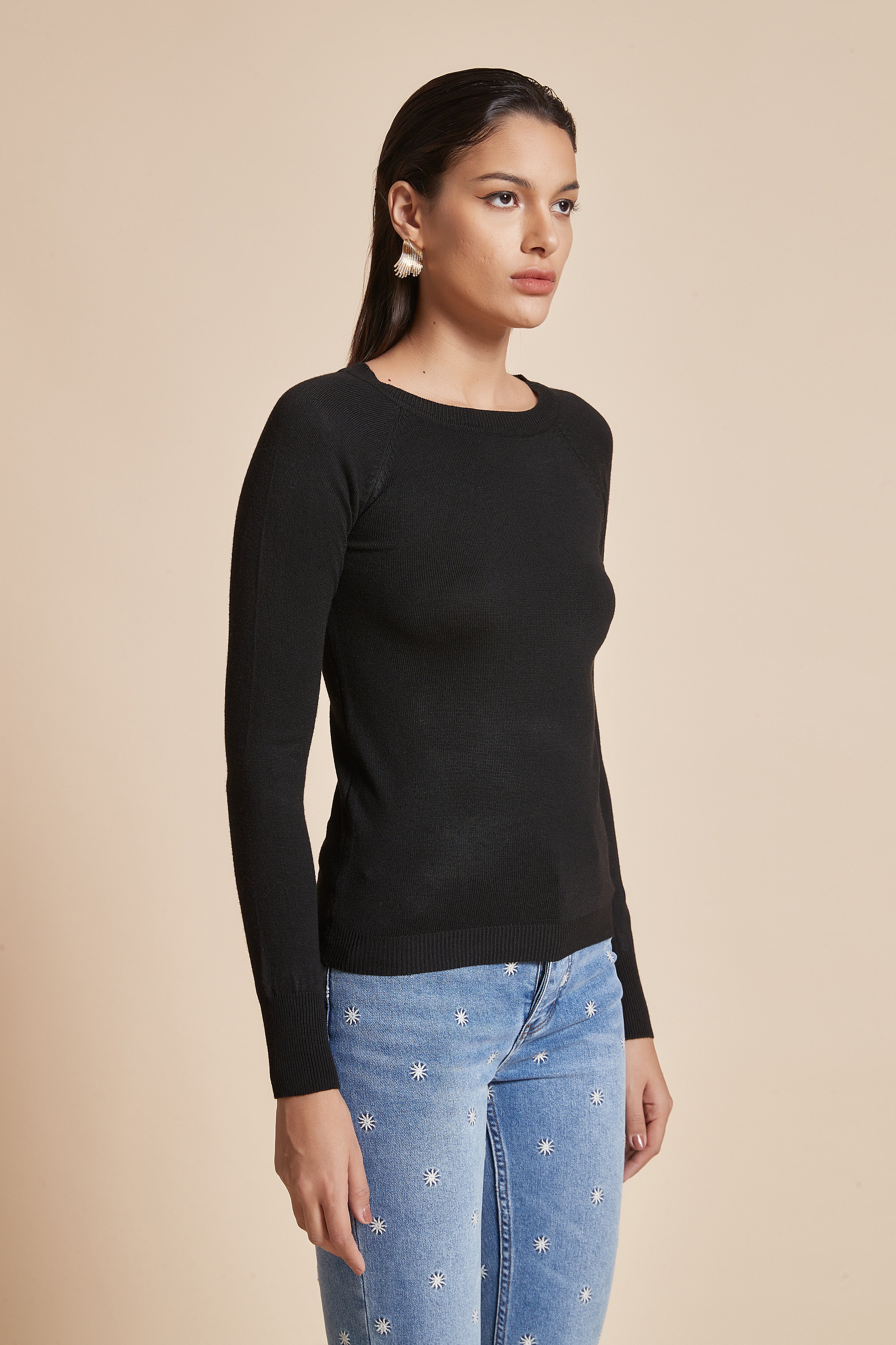 Fitted Plain Blouse with Long Sleeves