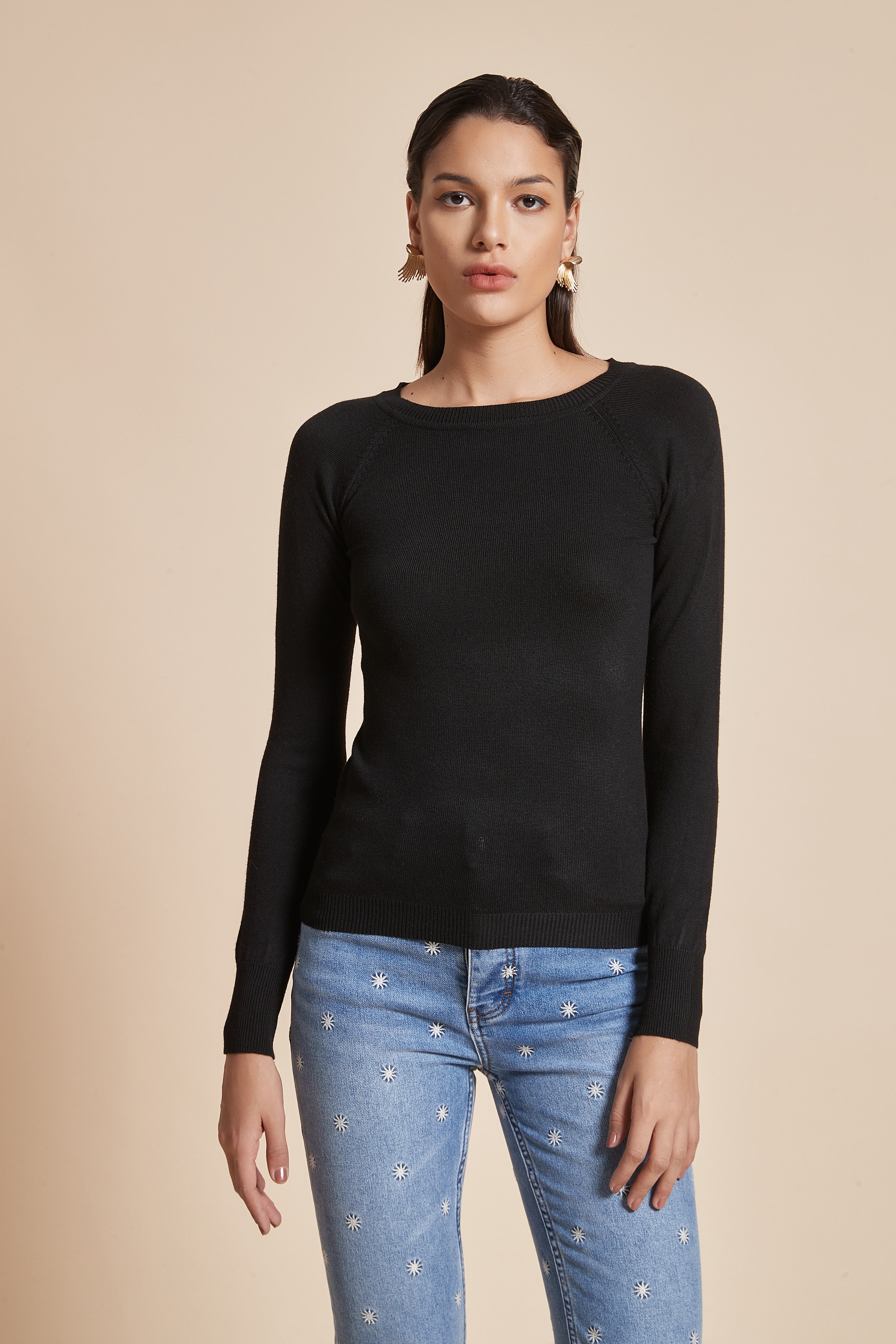 Fitted Plain Blouse with Long Sleeves