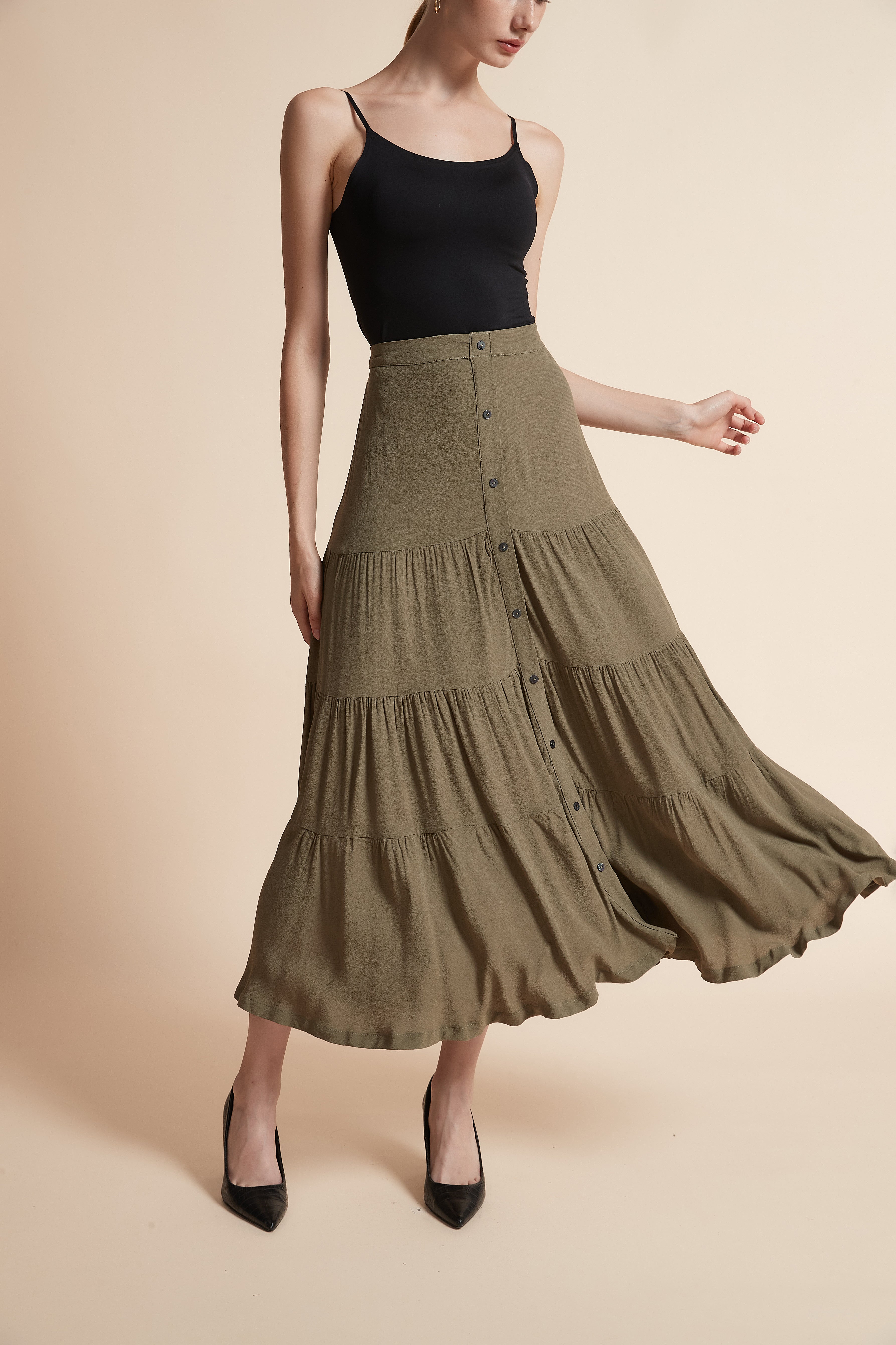 Long Button-Front Skirt