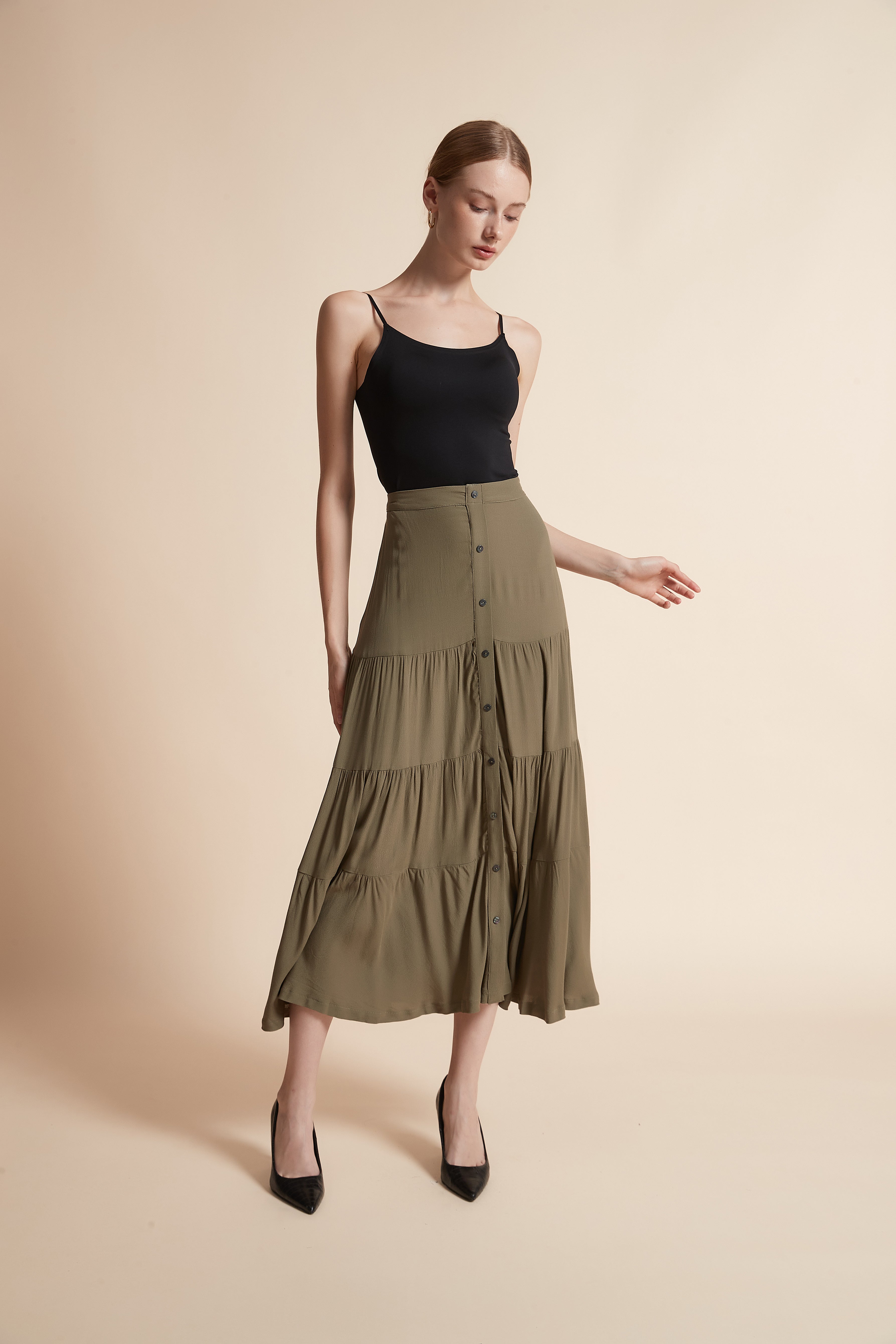 Long Button-Front Skirt
