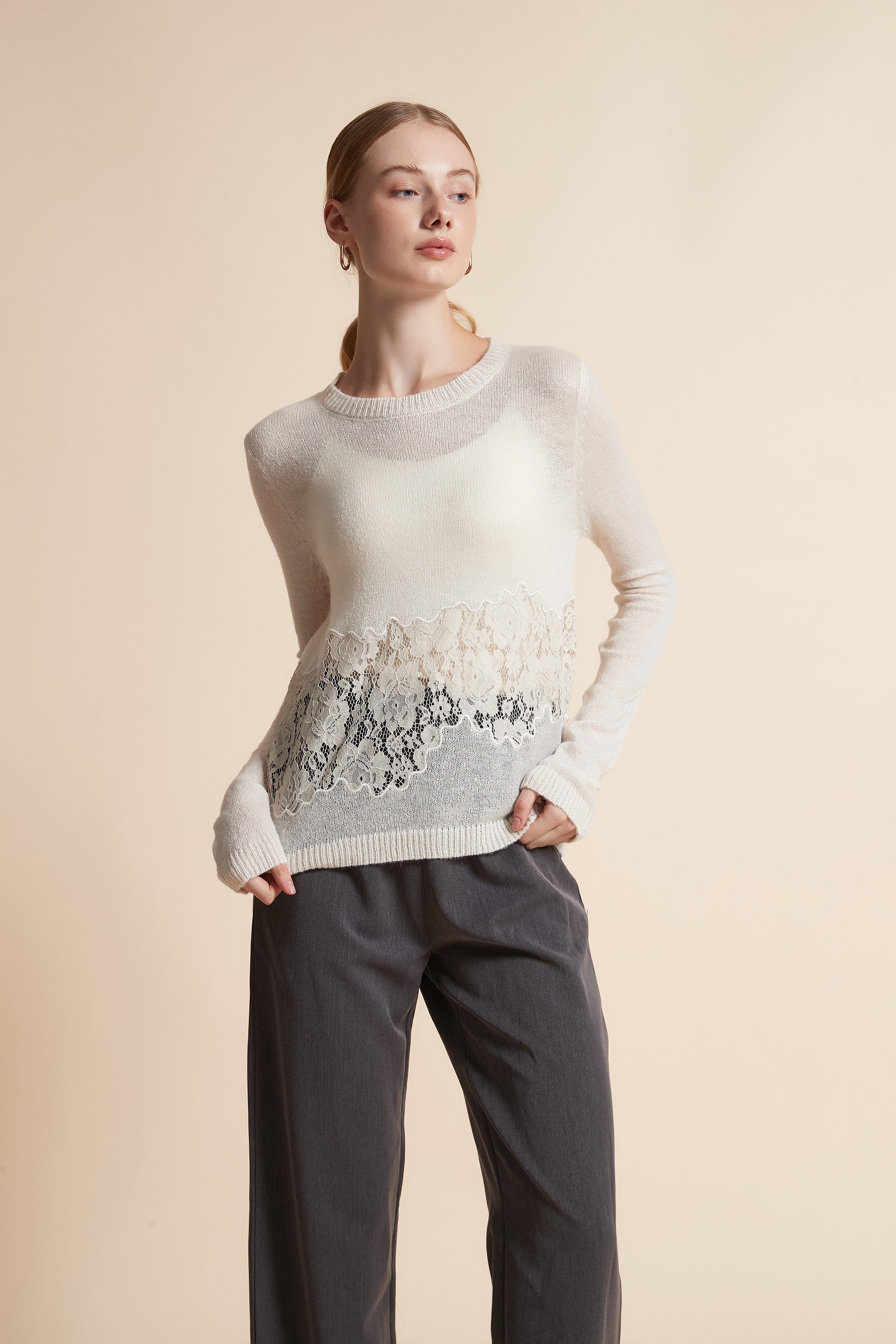 Lace-Trim Long-Sleeve Sweater