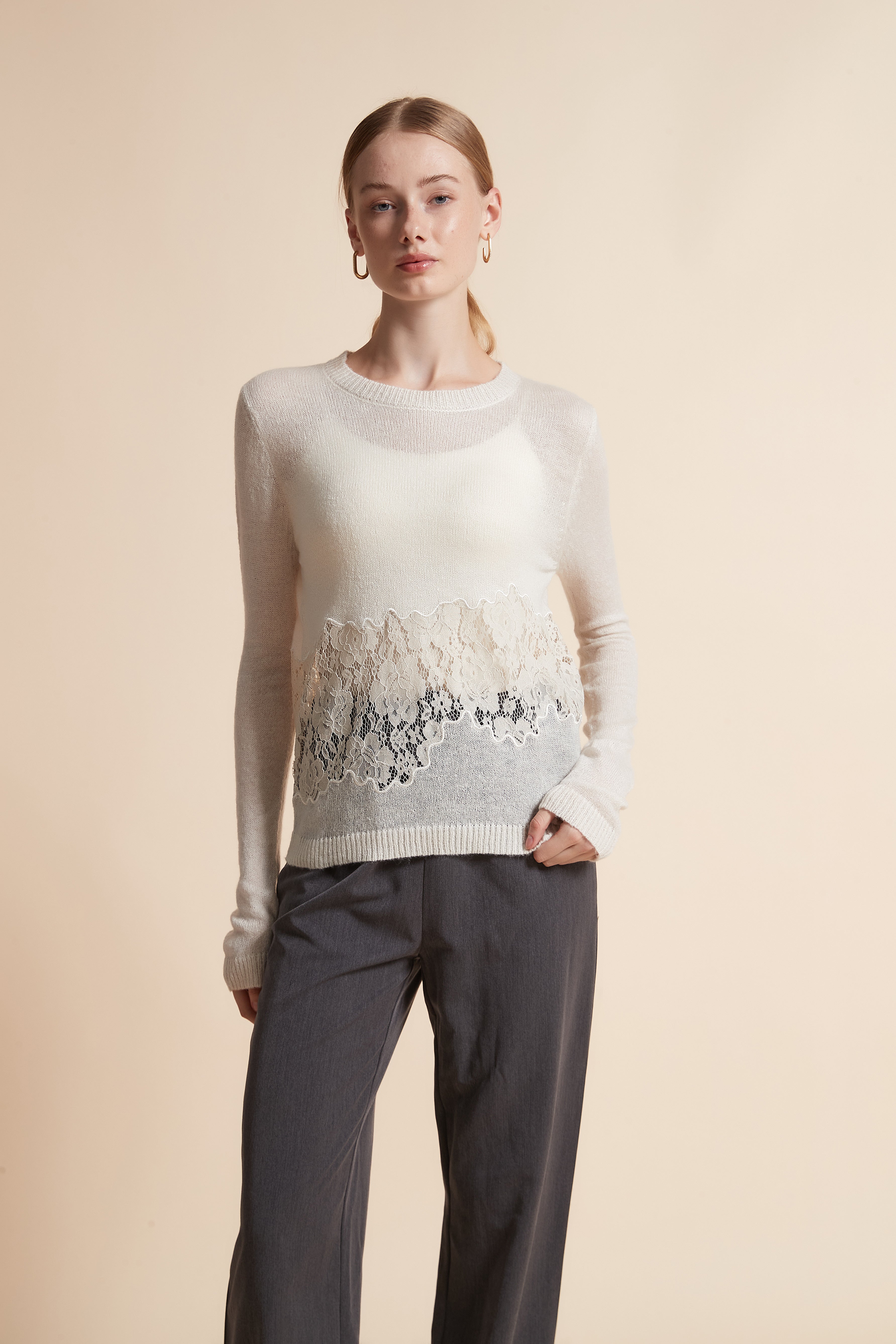 Lace-Trim Long-Sleeve Sweater