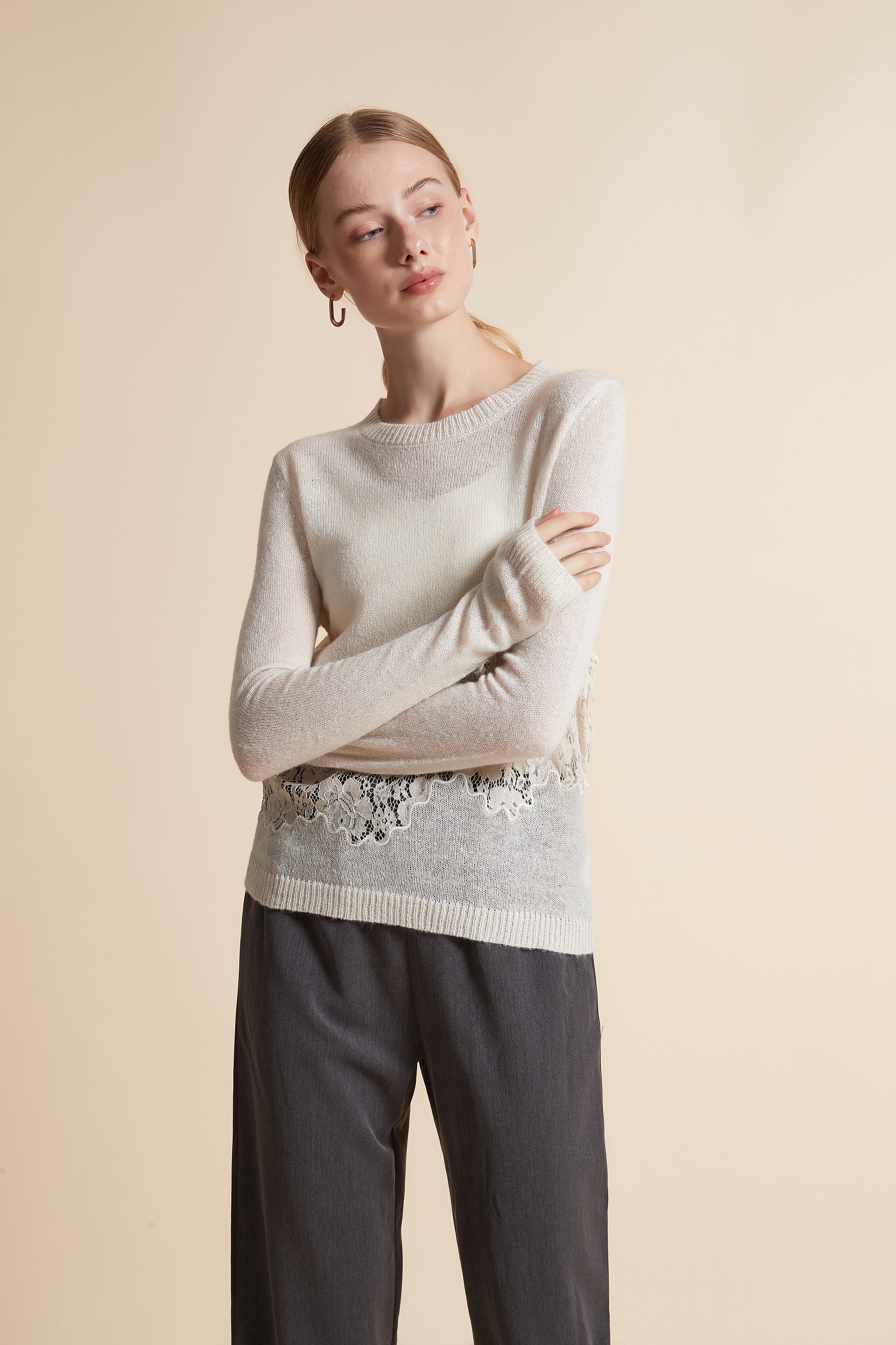 Lace-Trim Long-Sleeve Sweater