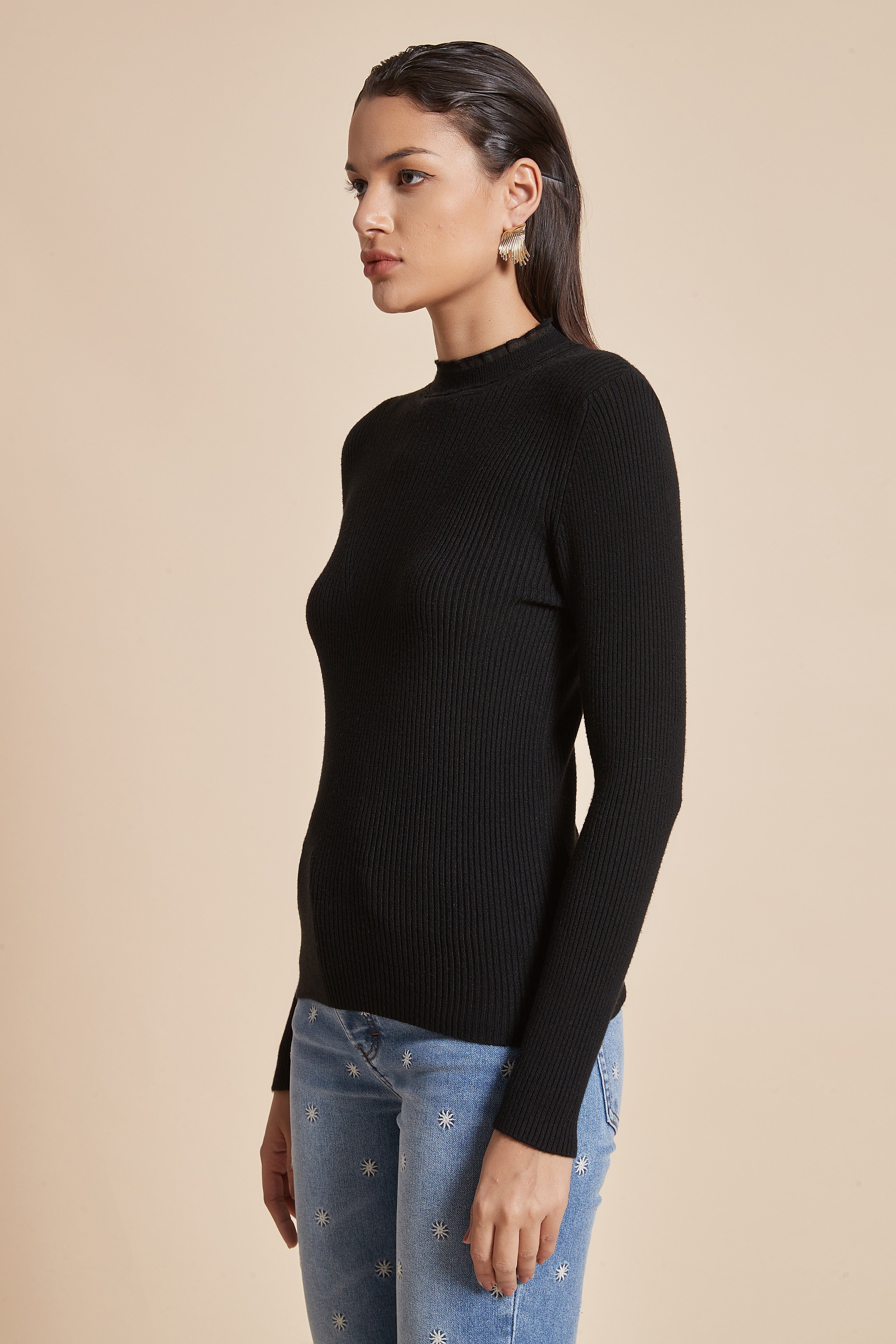 Plain Ribbed Blouse With Long Sleeves