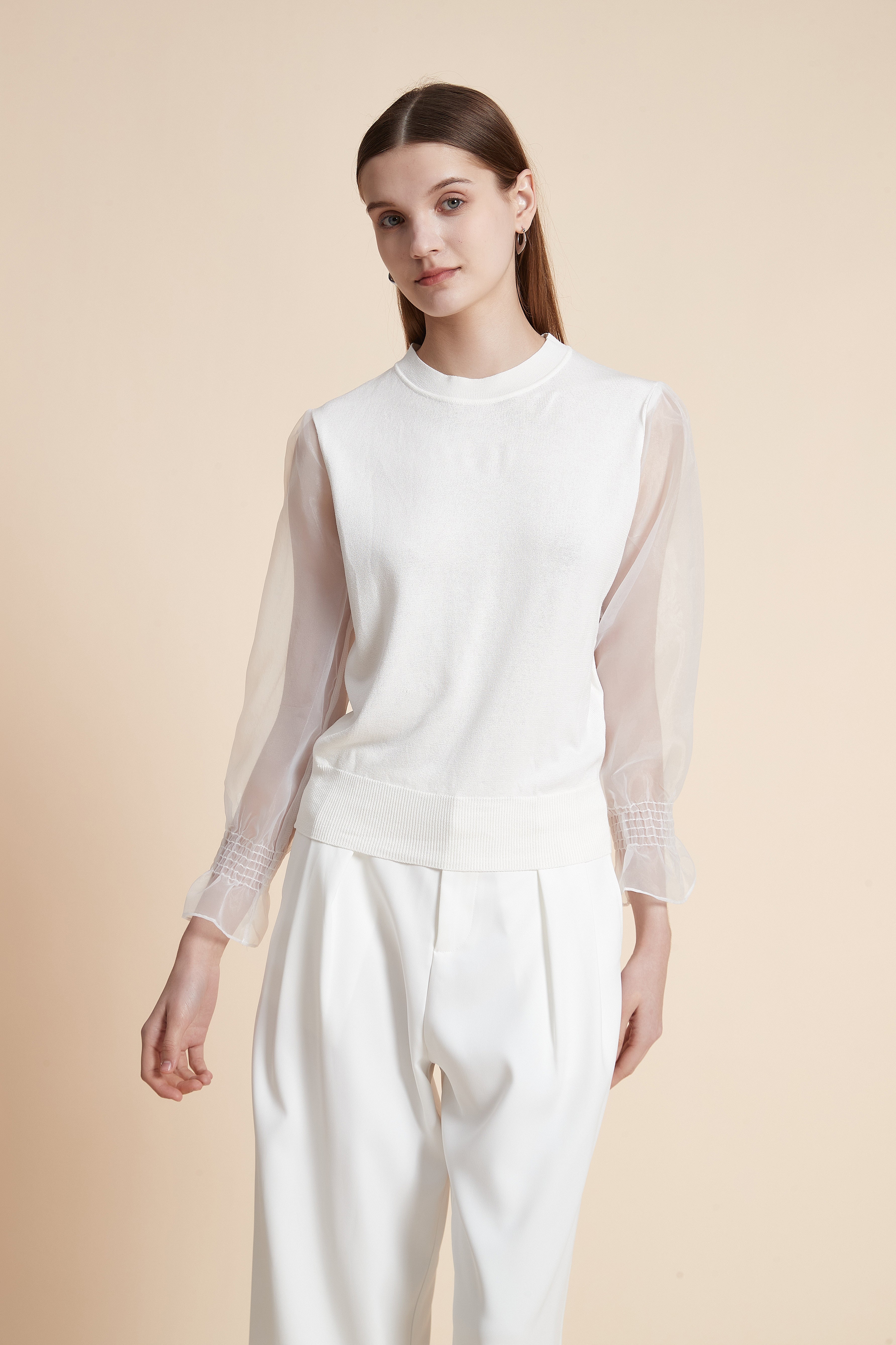 بلوزة سادة بأكمام طويلة شفافة