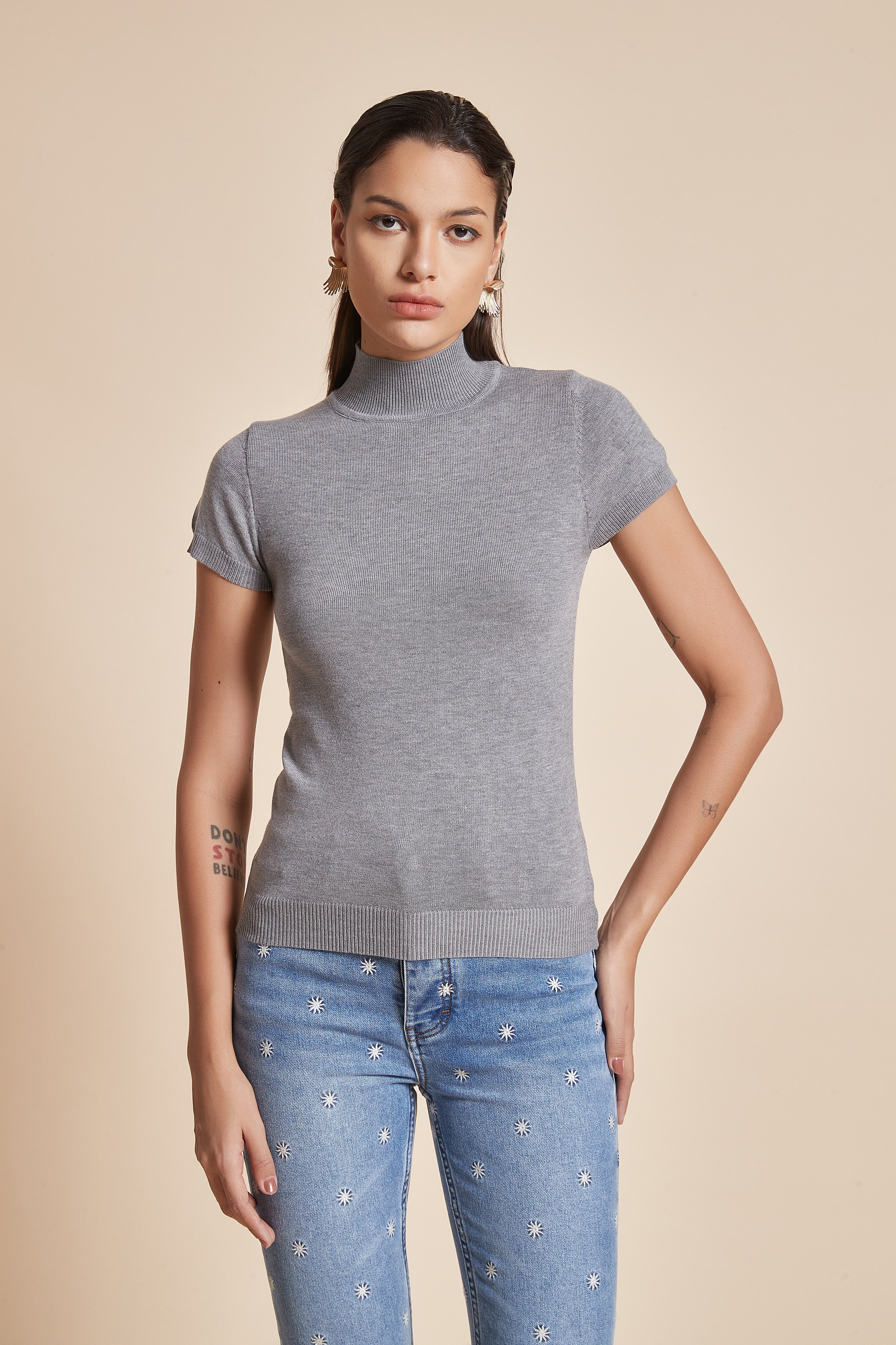 Short Sleeve High-Neck Blouse