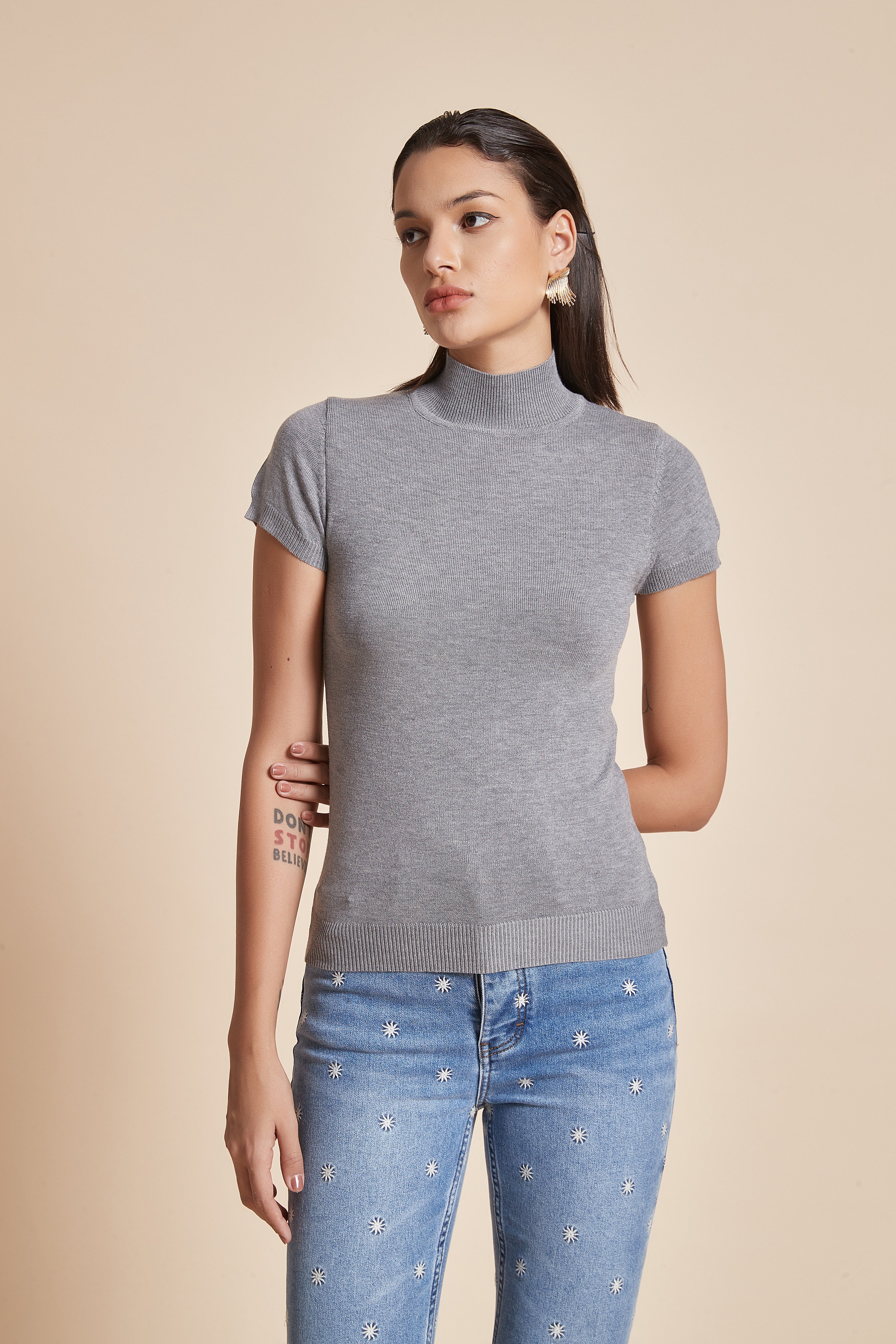 Short Sleeve High-Neck Blouse