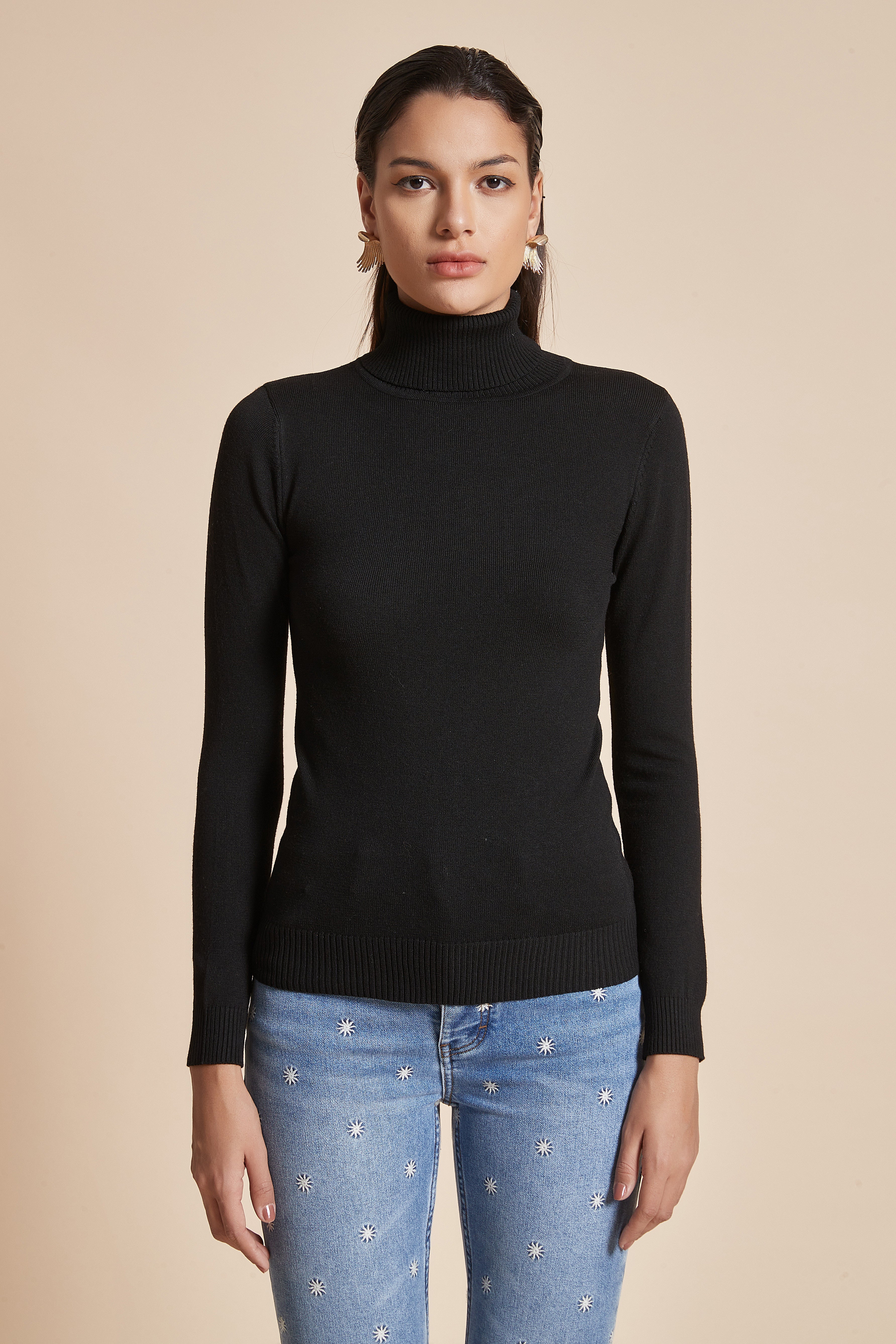 Plain Ribbed High-Neck Blouse With Long Sleeves