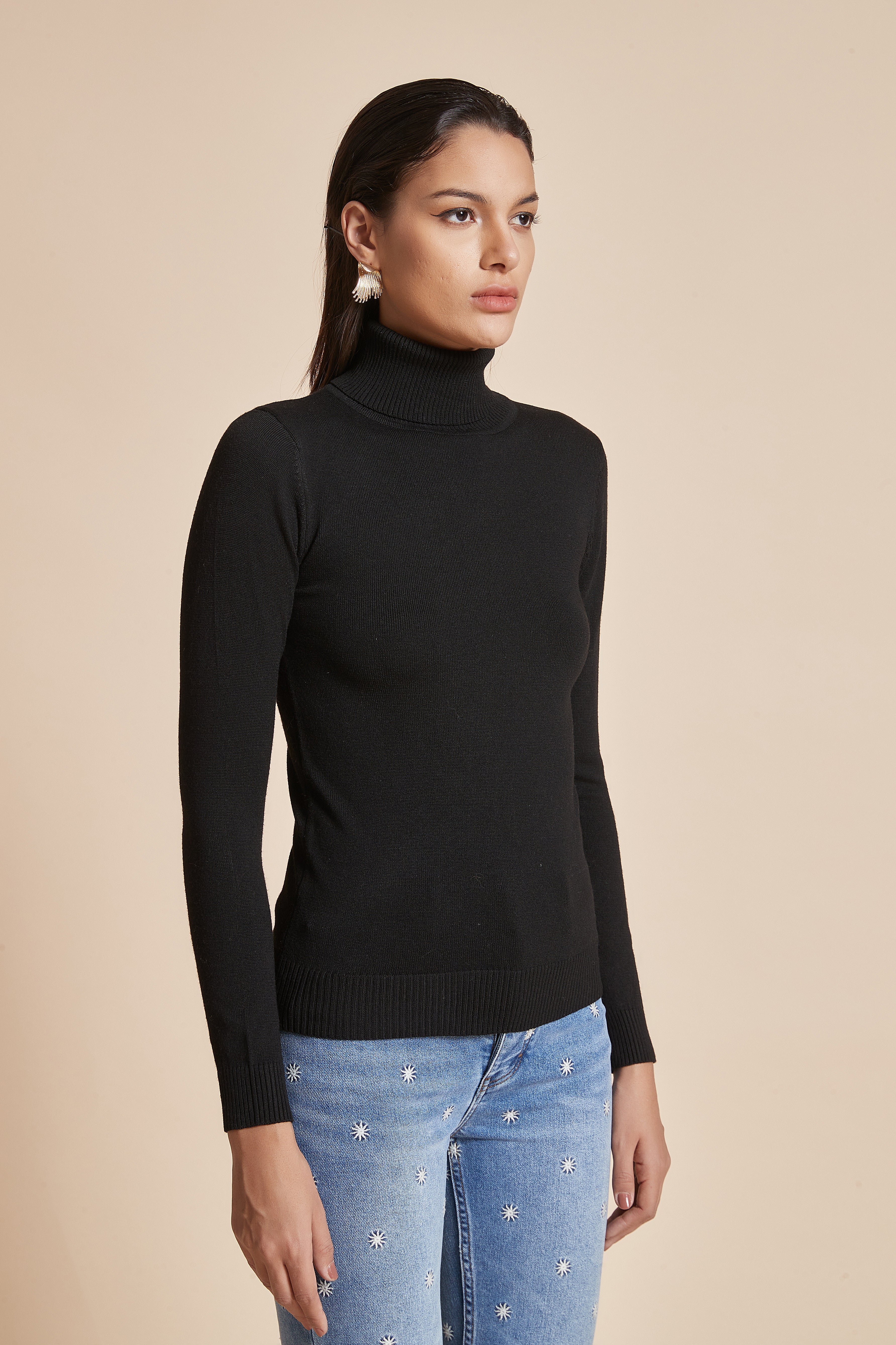 Plain Ribbed High-Neck Blouse With Long Sleeves