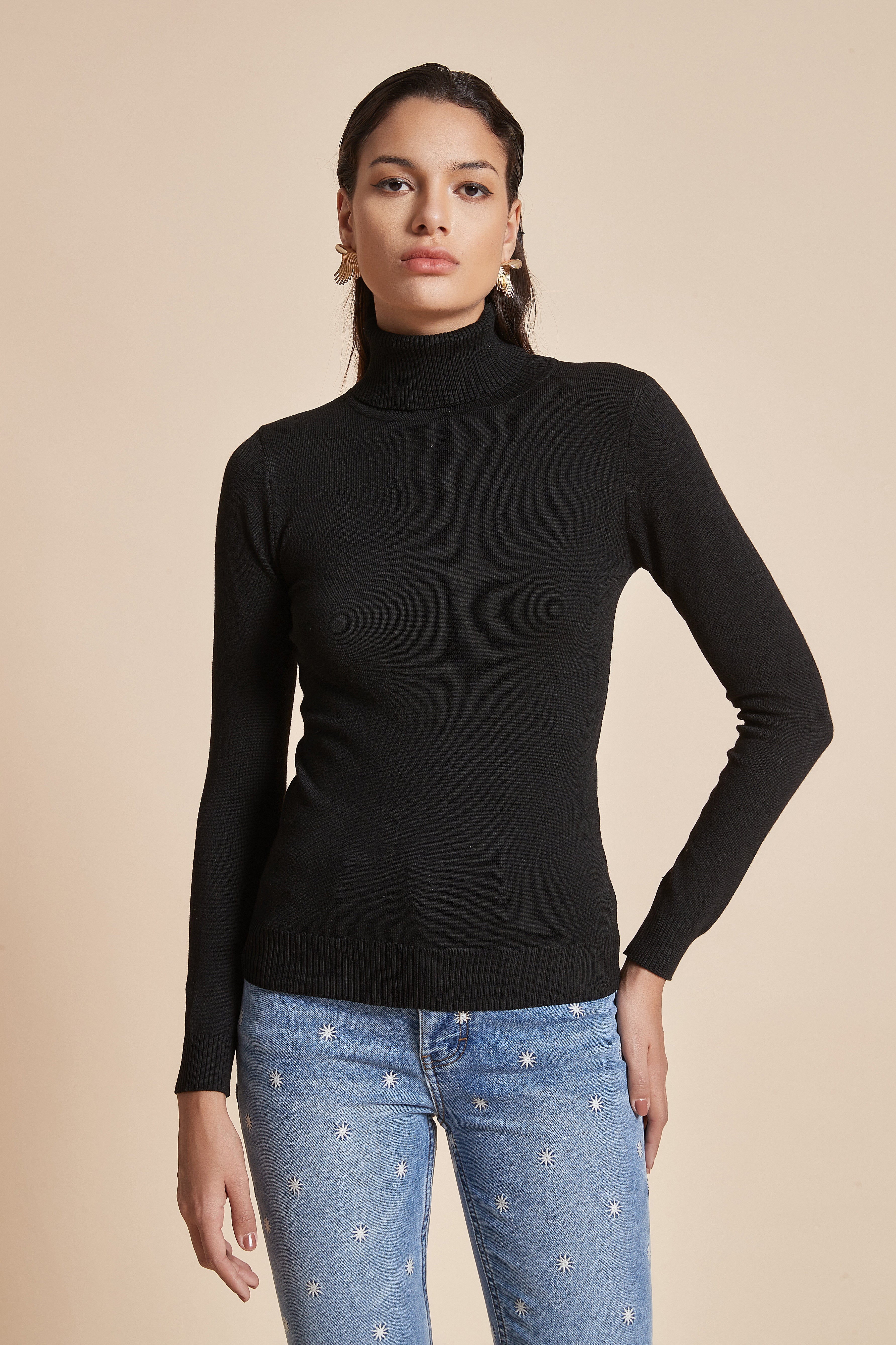 Plain Ribbed High-Neck Blouse With Long Sleeves