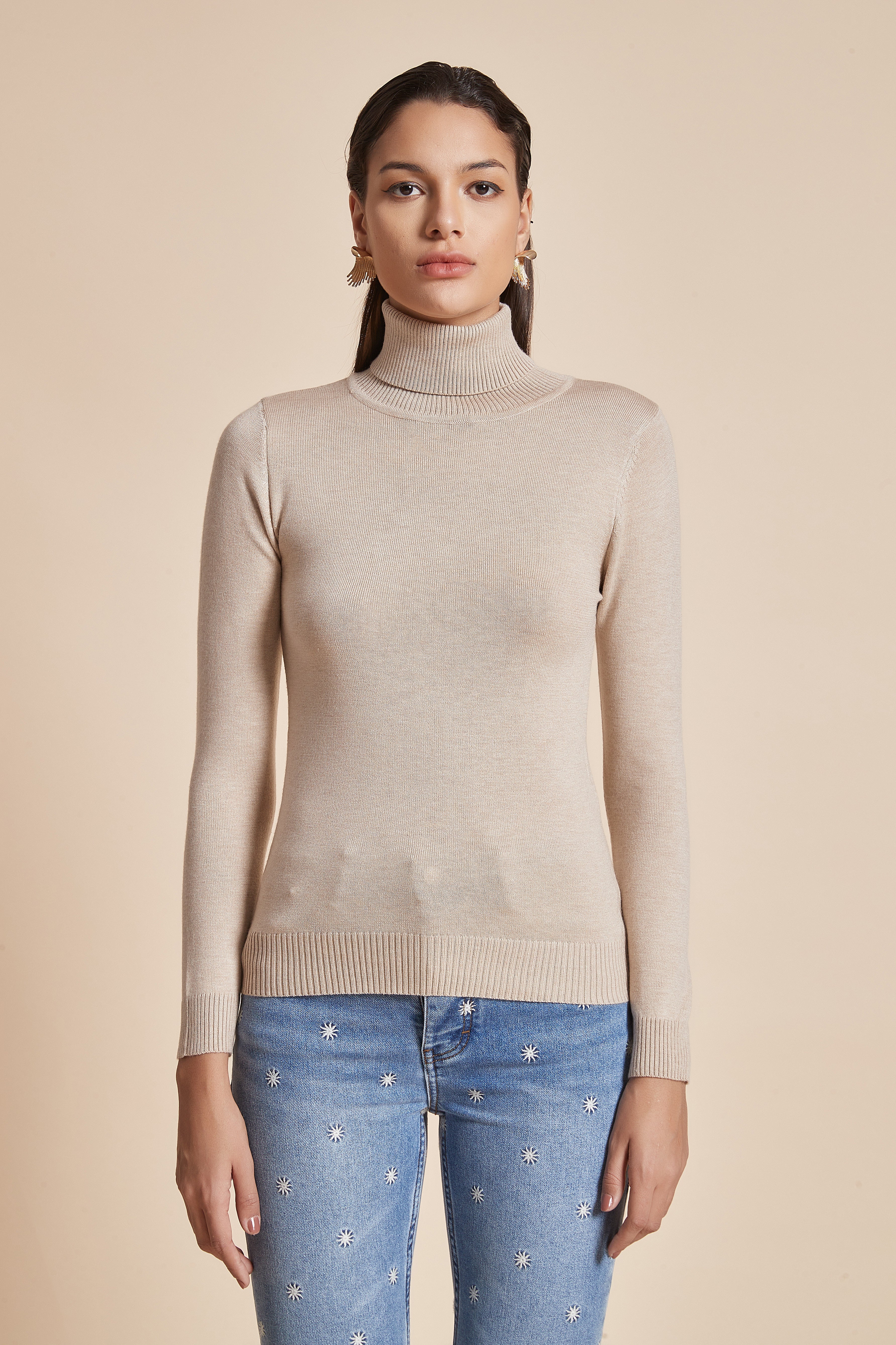 Plain Ribbed High-Neck Blouse With Long Sleeves