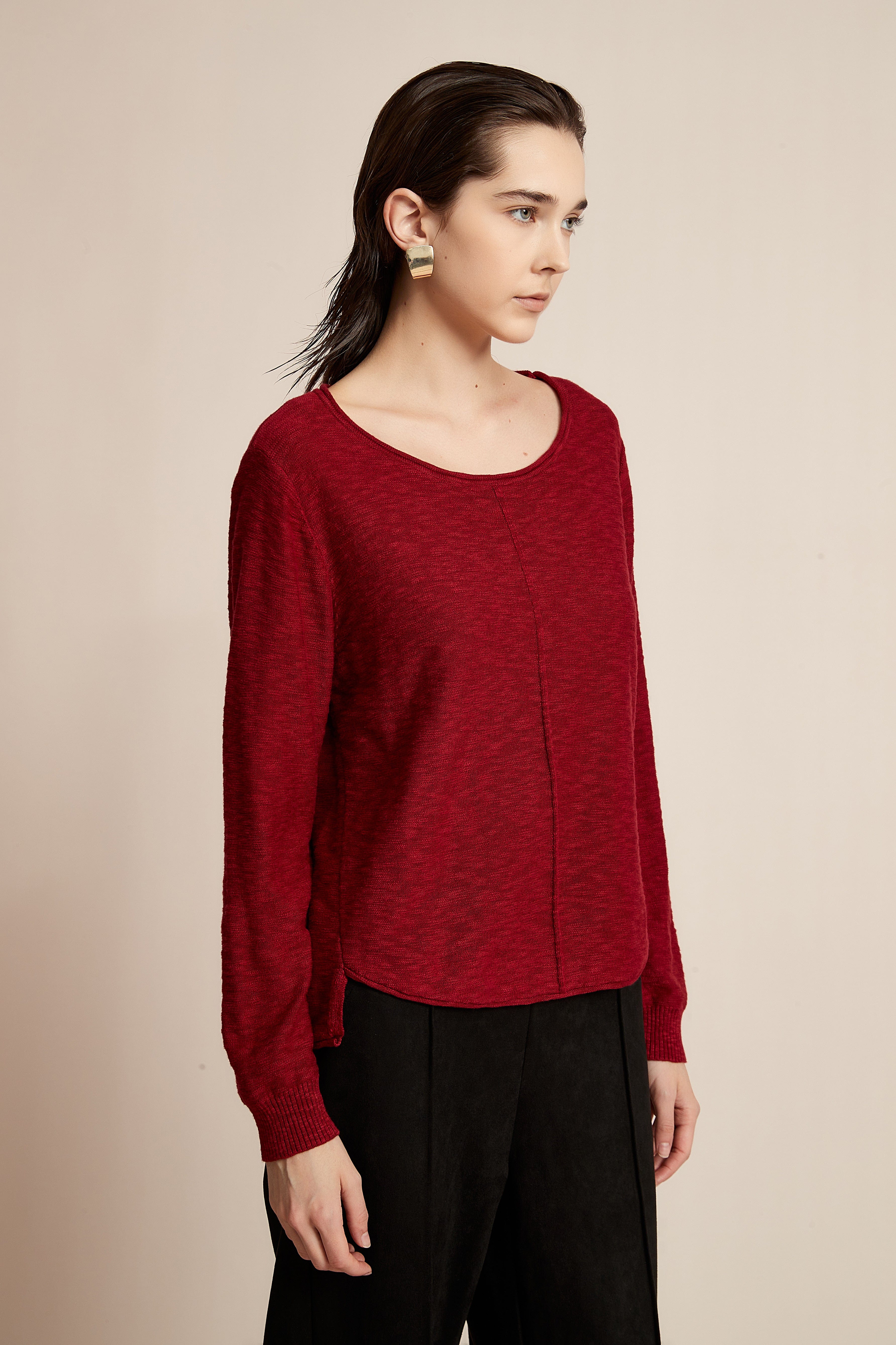 Plain Long Sleeve Top With Round Neck