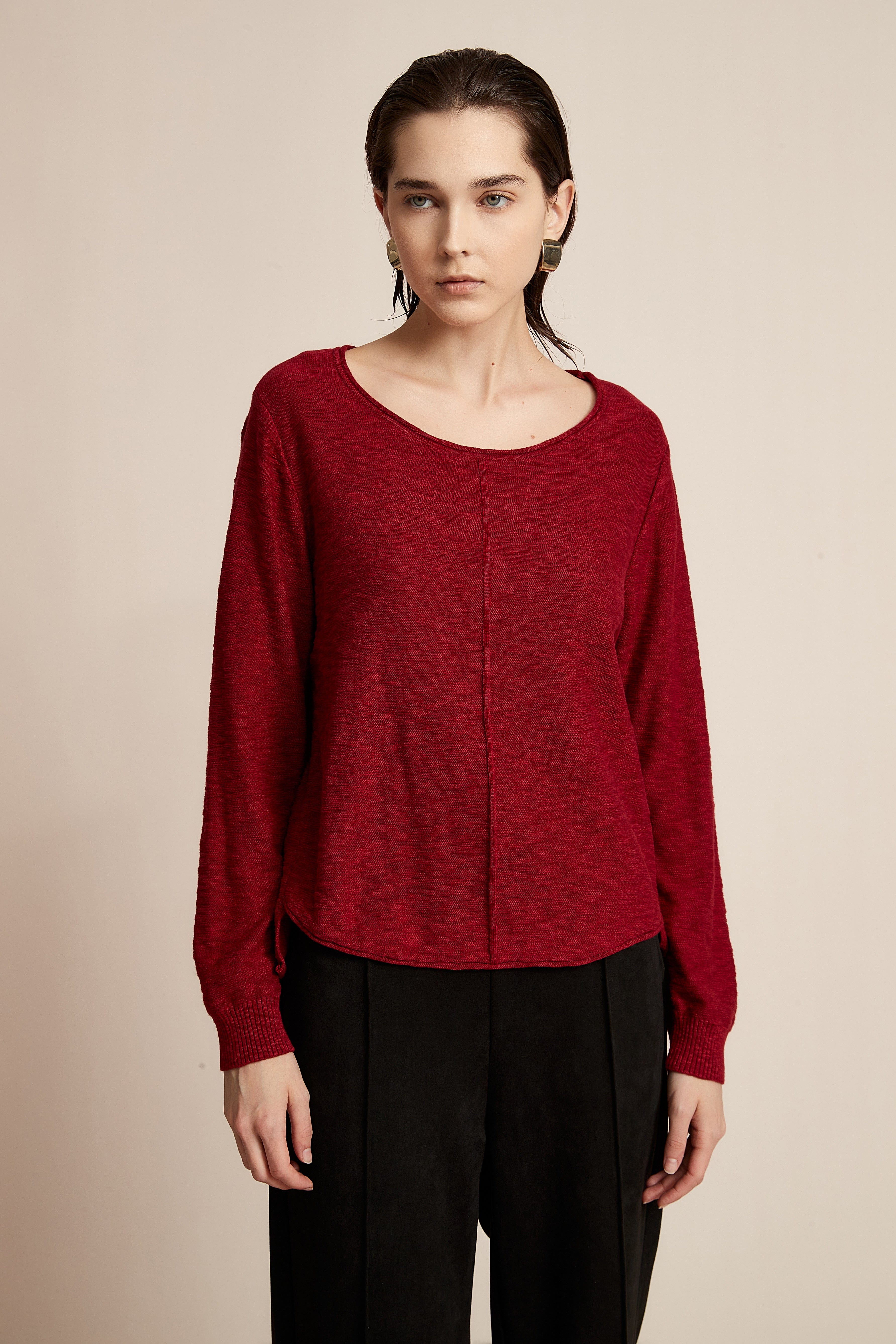 Plain Long Sleeve Top With Round Neck