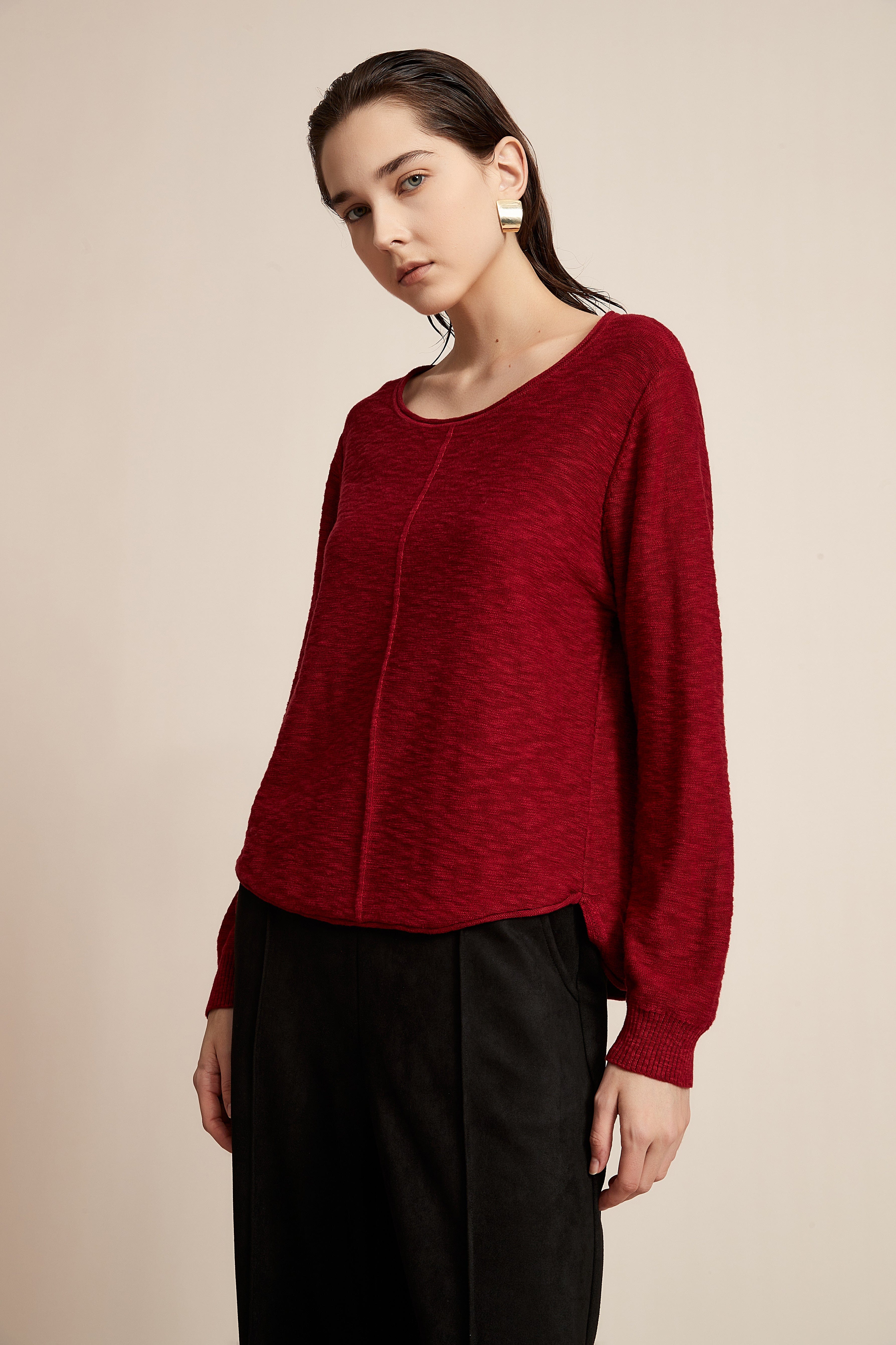 Plain Long Sleeve Top With Round Neck