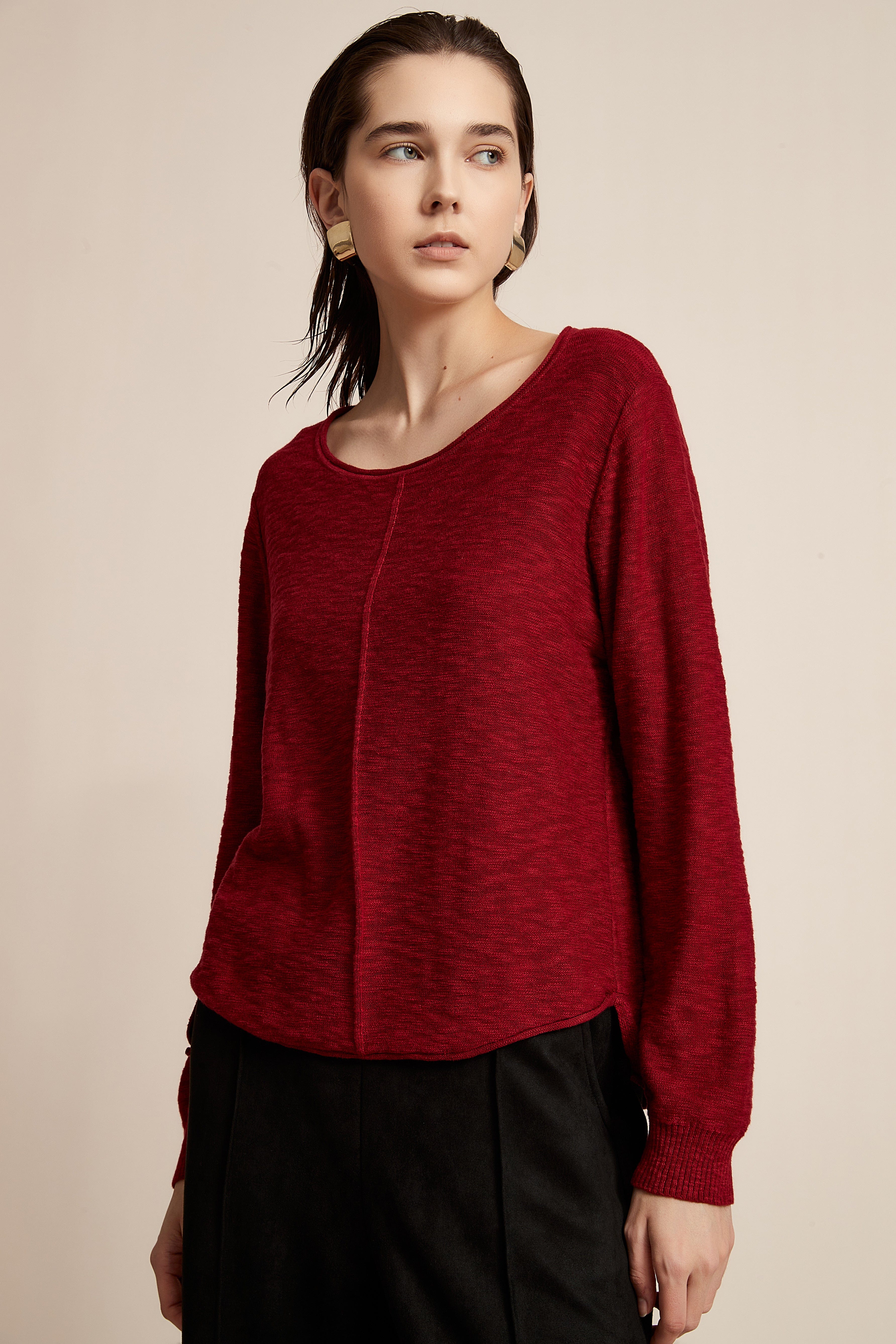 Plain Long Sleeve Top With Round Neck