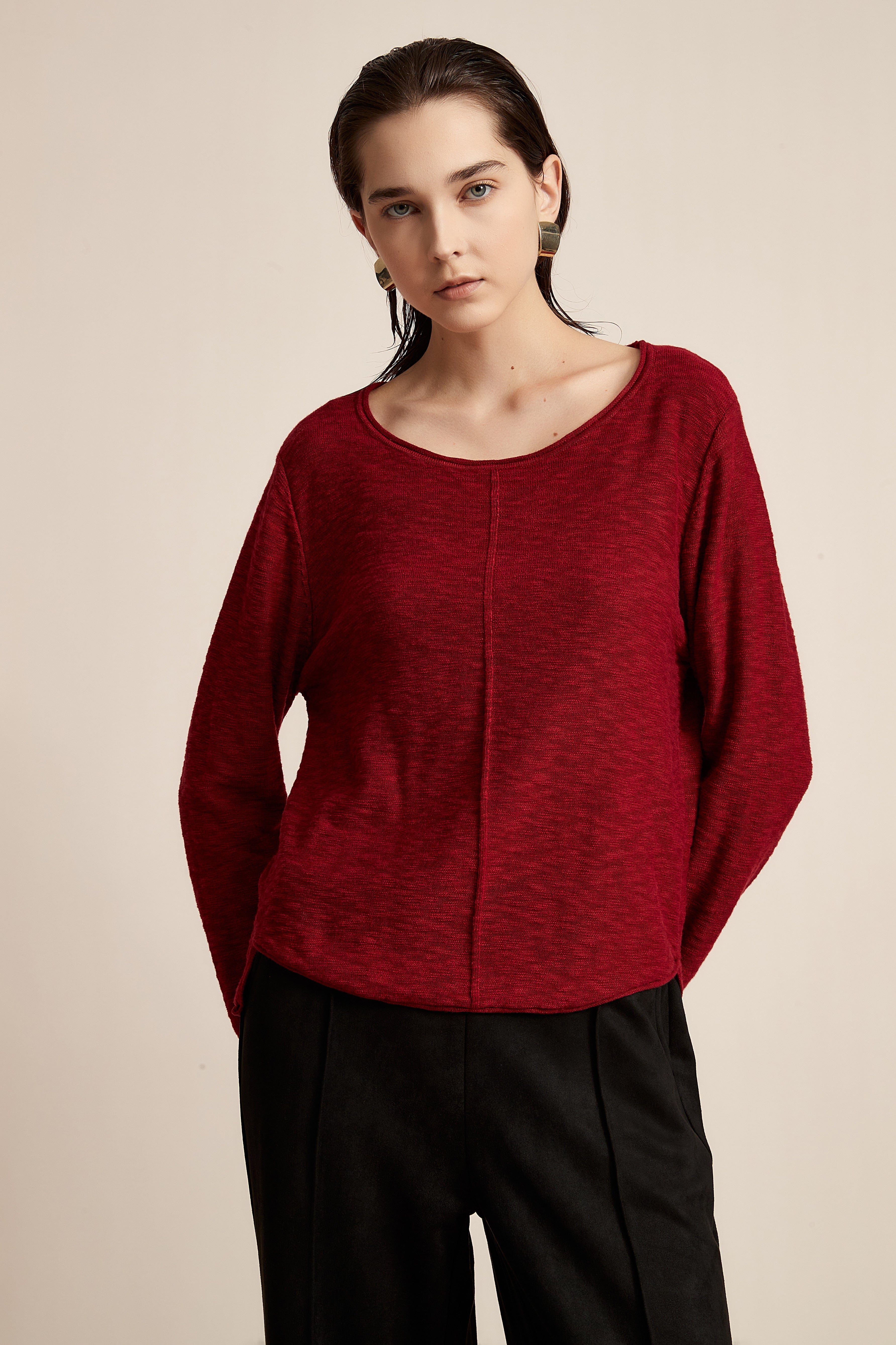 Plain Long Sleeve Top With Round Neck
