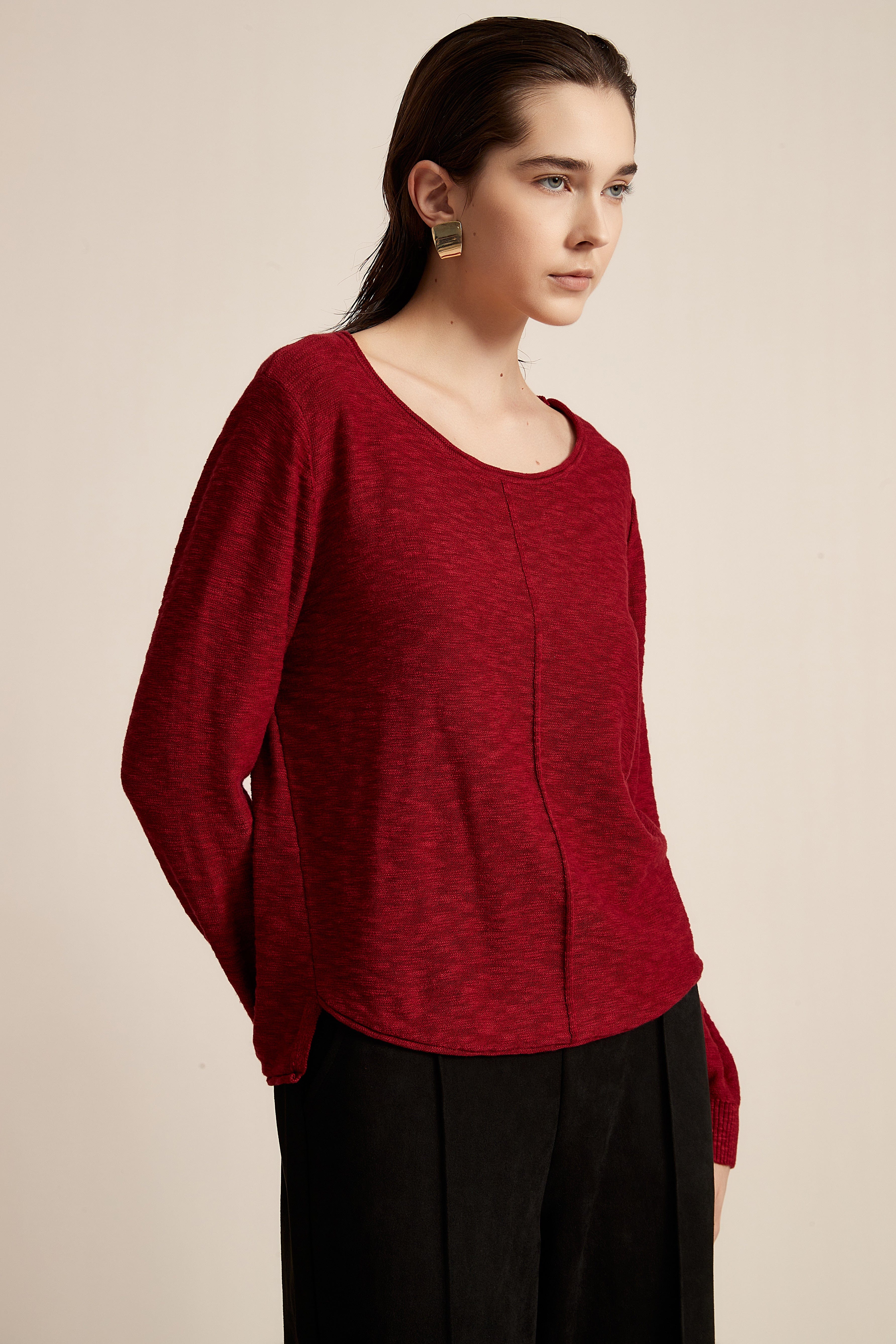 Plain Long Sleeve Top With Round Neck