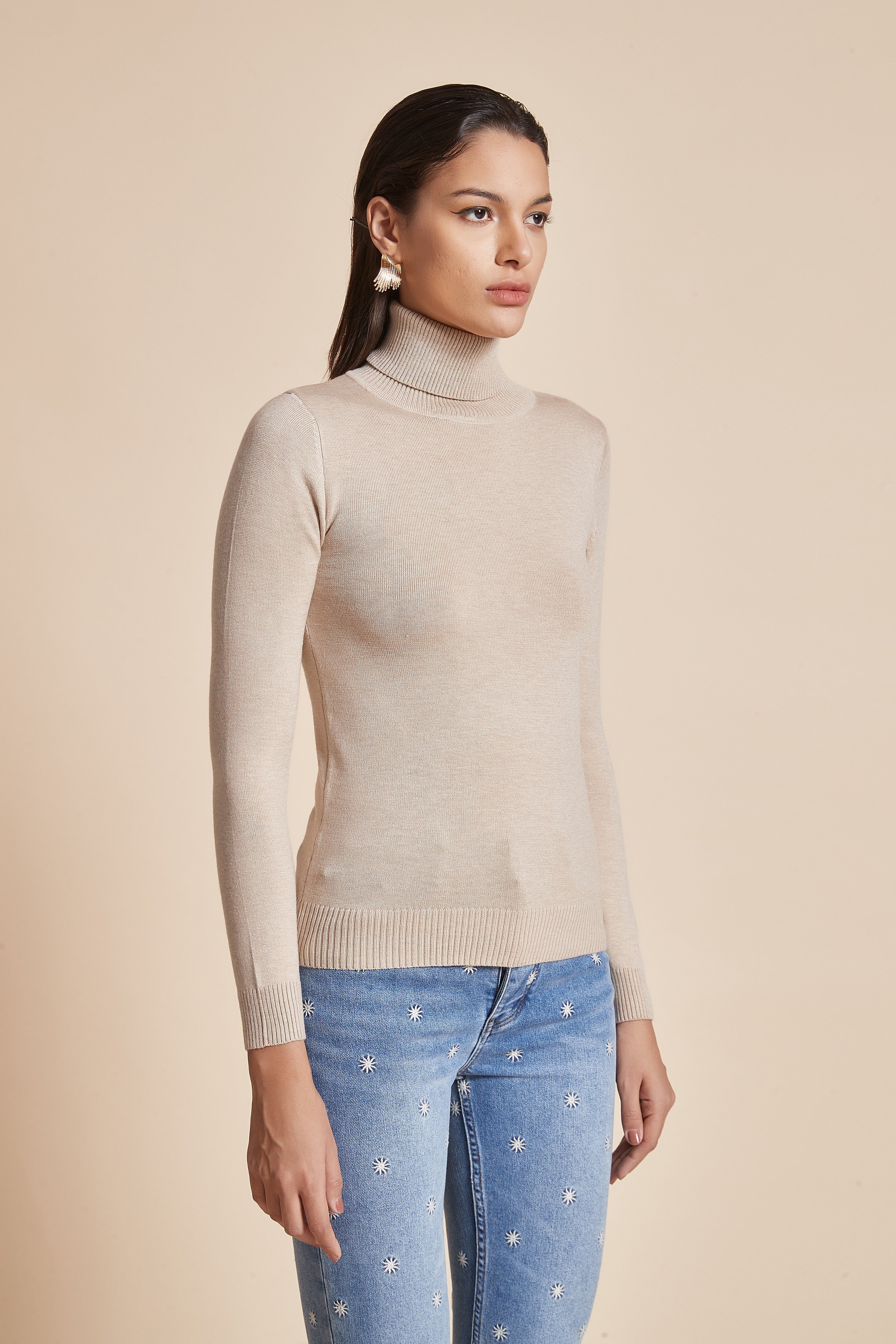 Plain Ribbed High-Neck Blouse With Long Sleeves