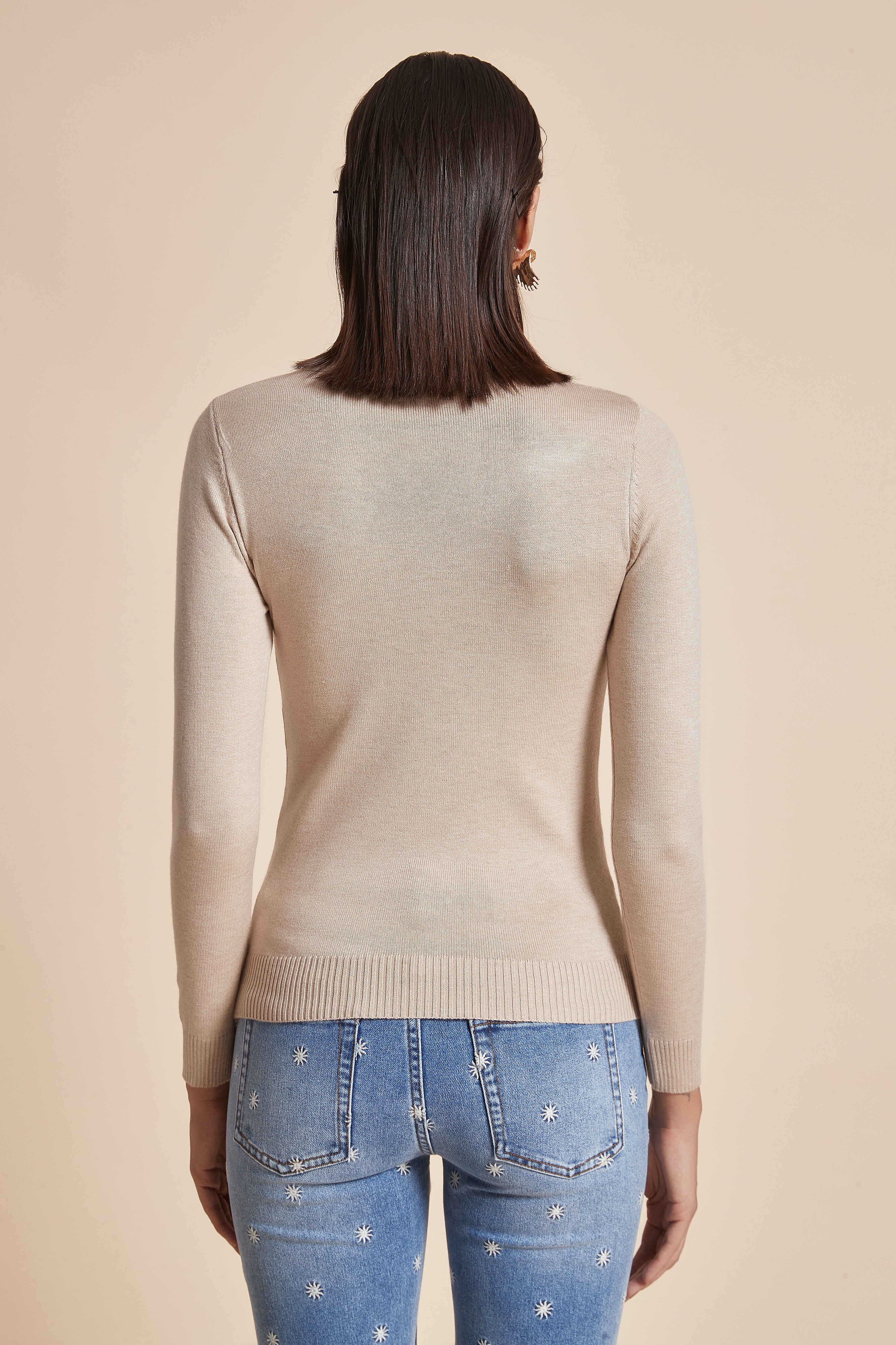 Plain Ribbed High-Neck Blouse With Long Sleeves