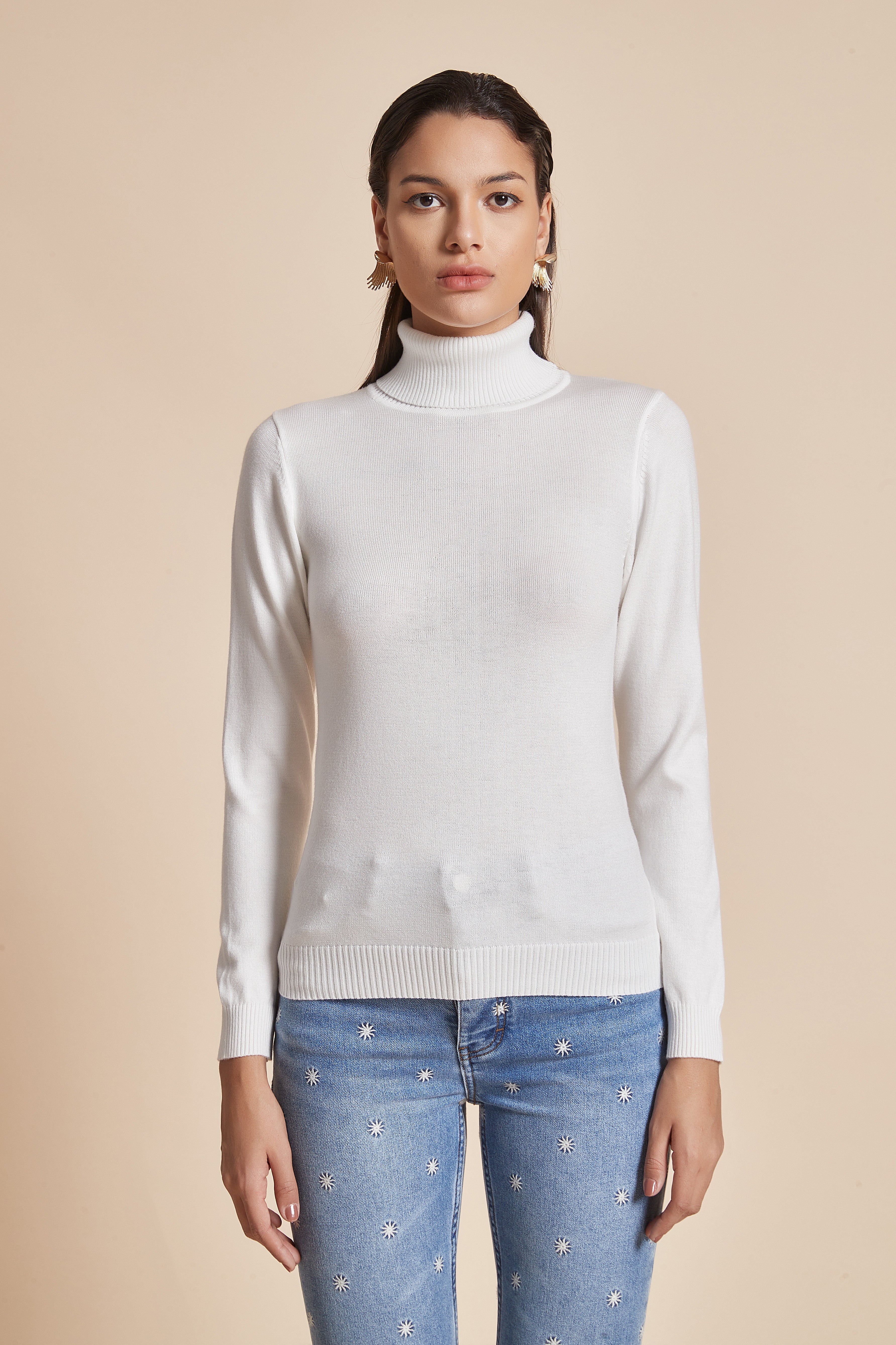 Plain Ribbed High-Neck Blouse With Long Sleeves